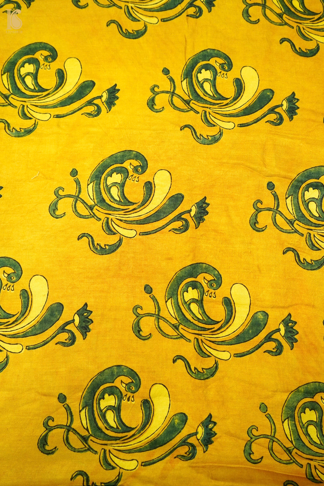 Gajji Silk Ajrakh Hand Block Bird Scroll Fabric in Mustard
