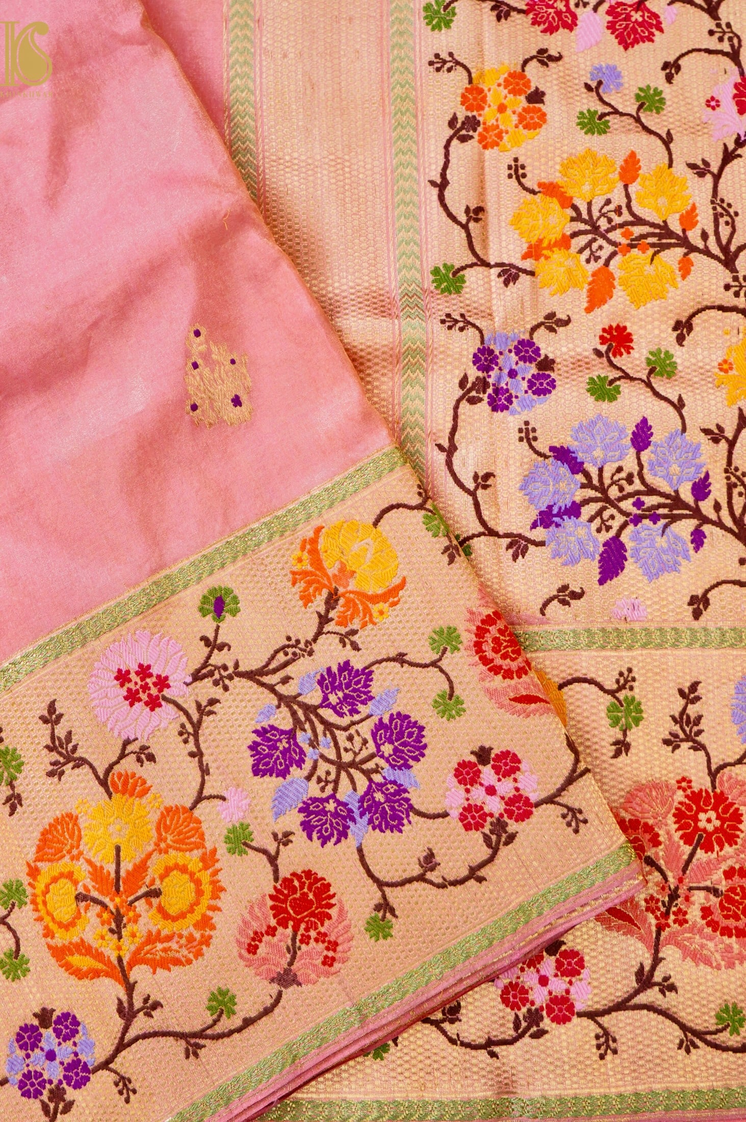 Handloom Banarasi Katan Silk Kadwa Ektara Saree with Meenakari Border
