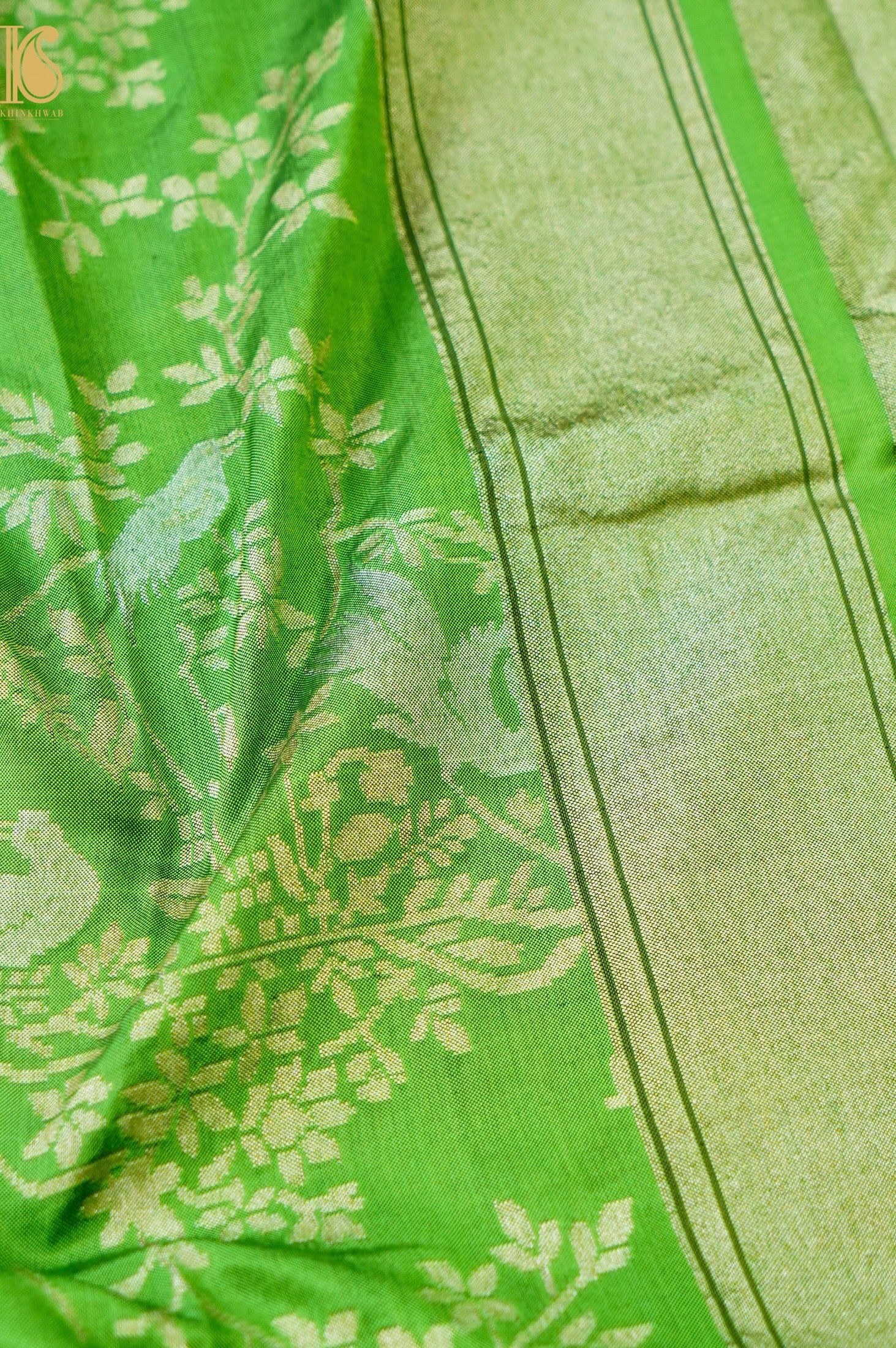 Handloom Pure Katan Silk Green Shikargah Banarasi Saree