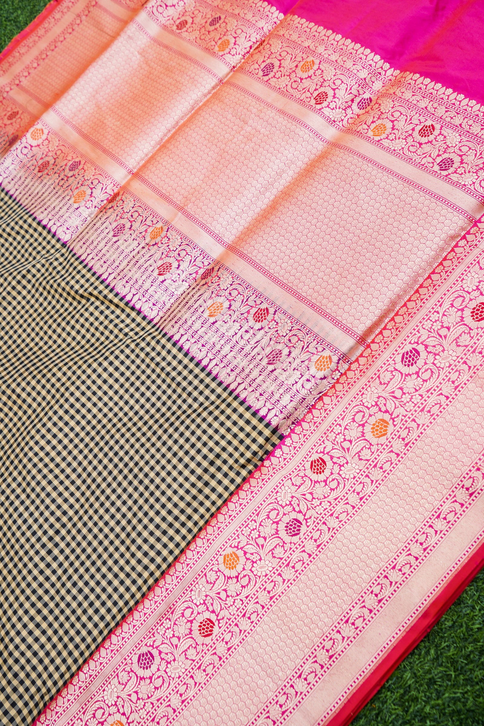 Pure Katan Silk Kadiyal Charkhana Meenakari Border Banarasi Saree in Black