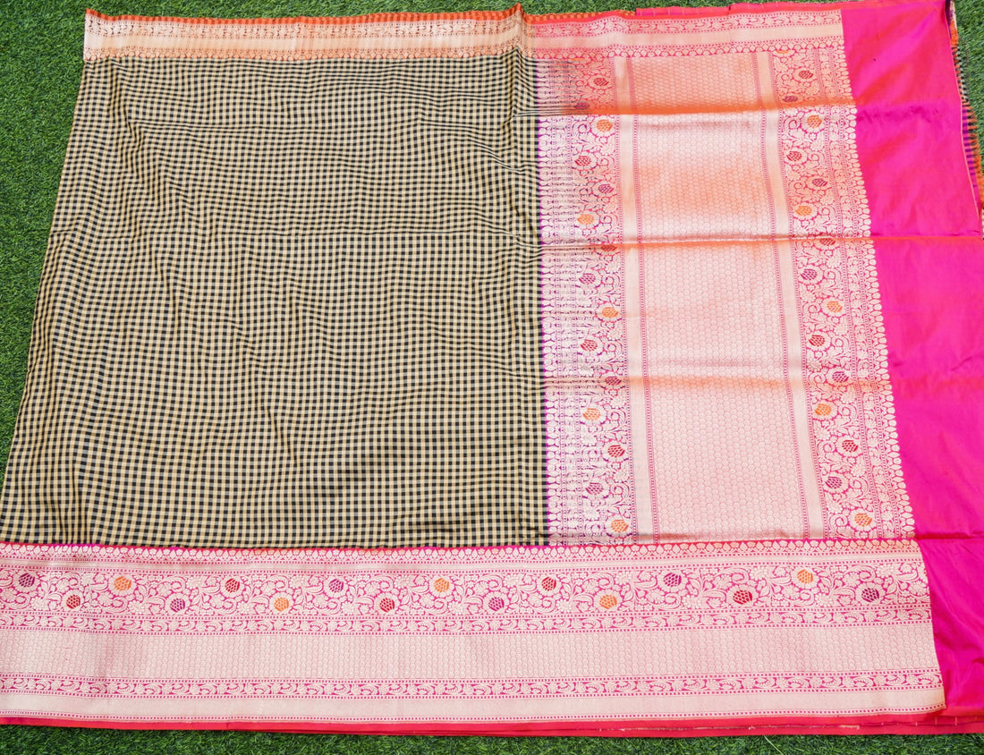 Pure Katan Silk Kadiyal Charkhana Meenakari Border Banarasi Saree in Black