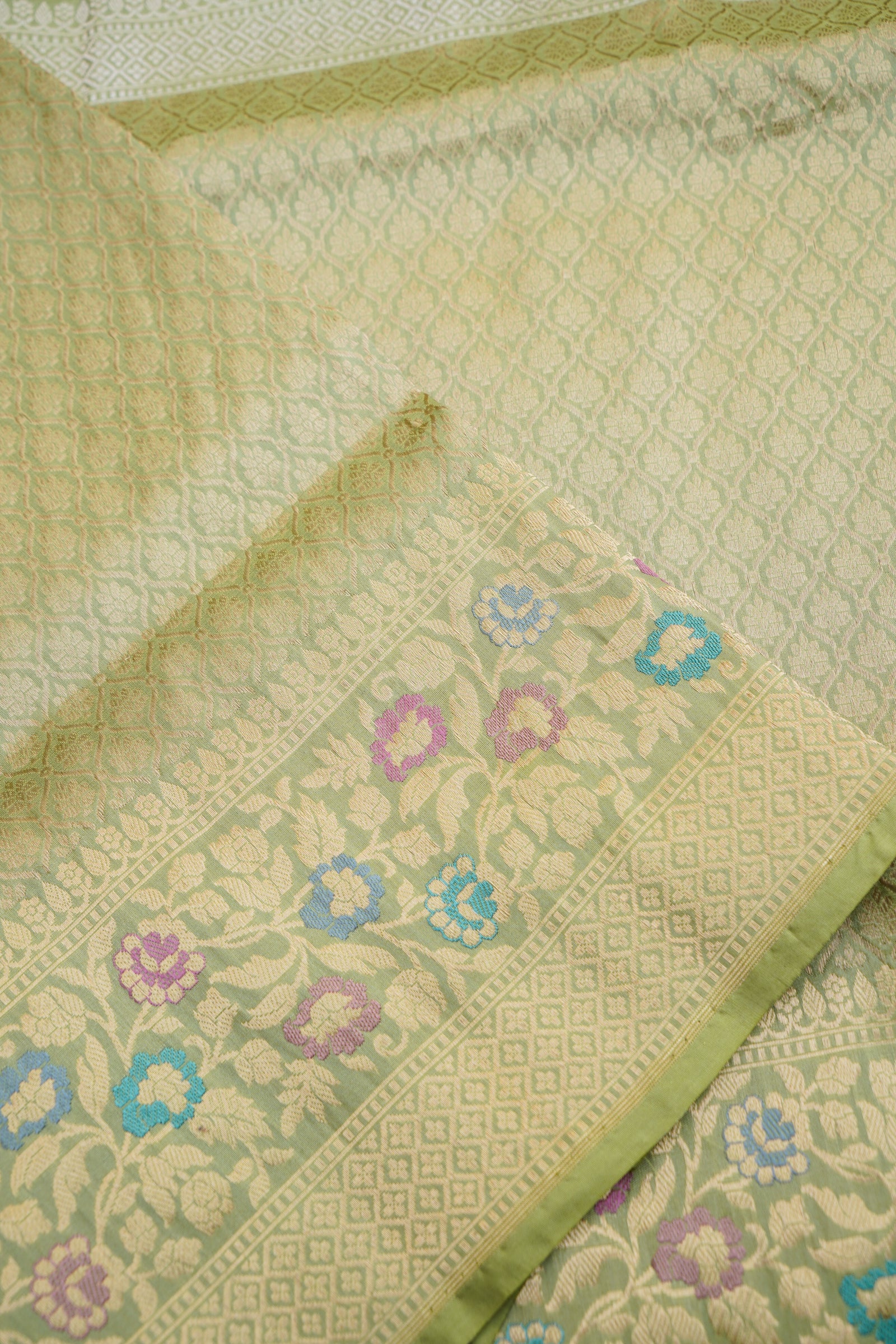 Pure Katan Silk Alfi Meenakari Phulwar Border Banarasi Saree in Sage Green
