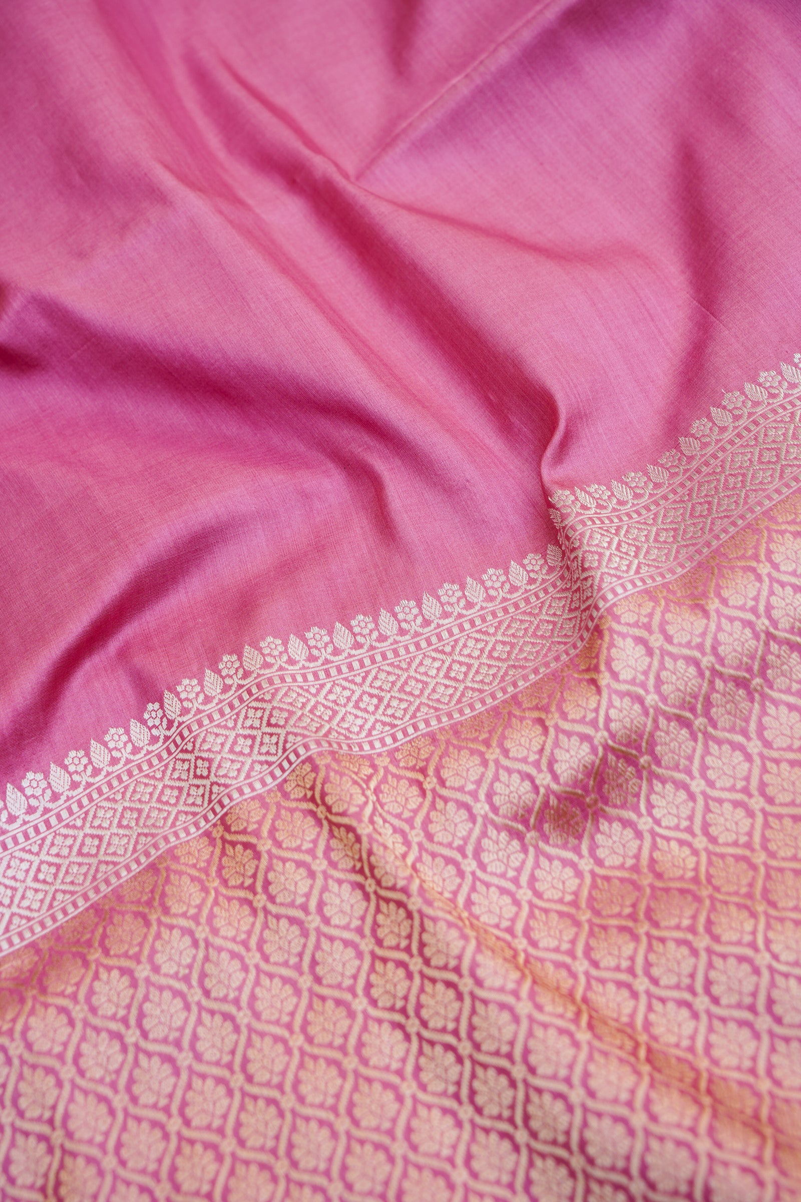 Pure Katan Silk Alfi Meenakari Phulwar Border Banarasi Saree in Mauve Pink
