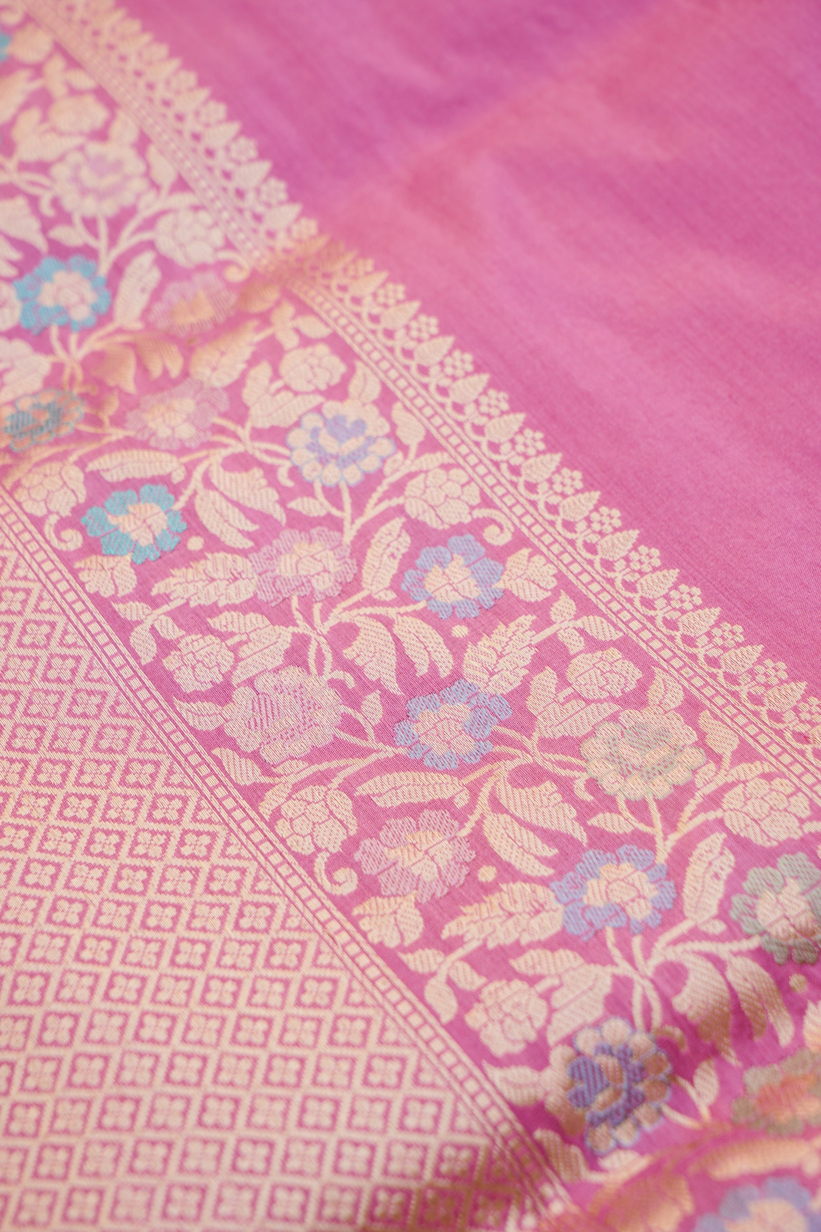 Pure Katan Silk Alfi Meenakari Phulwar Border Banarasi Saree in Mauve Pink