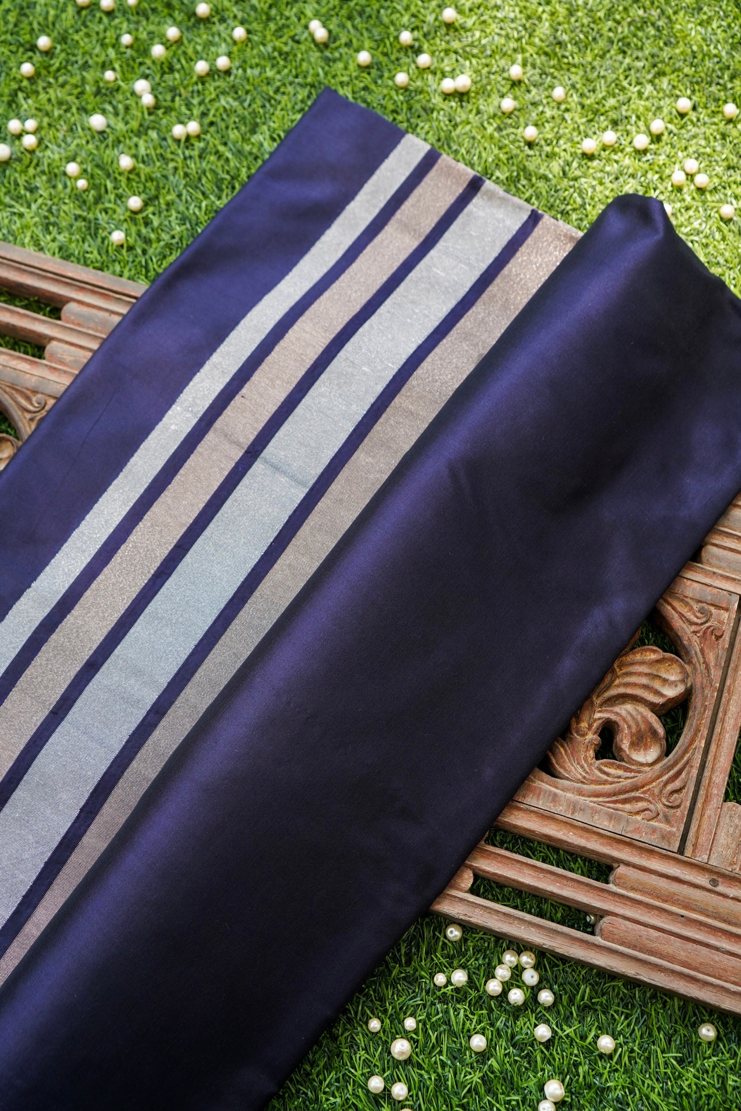 Pure Katan Silk Salaidar Zari Stripe Banarasi Saree in Navy Blue