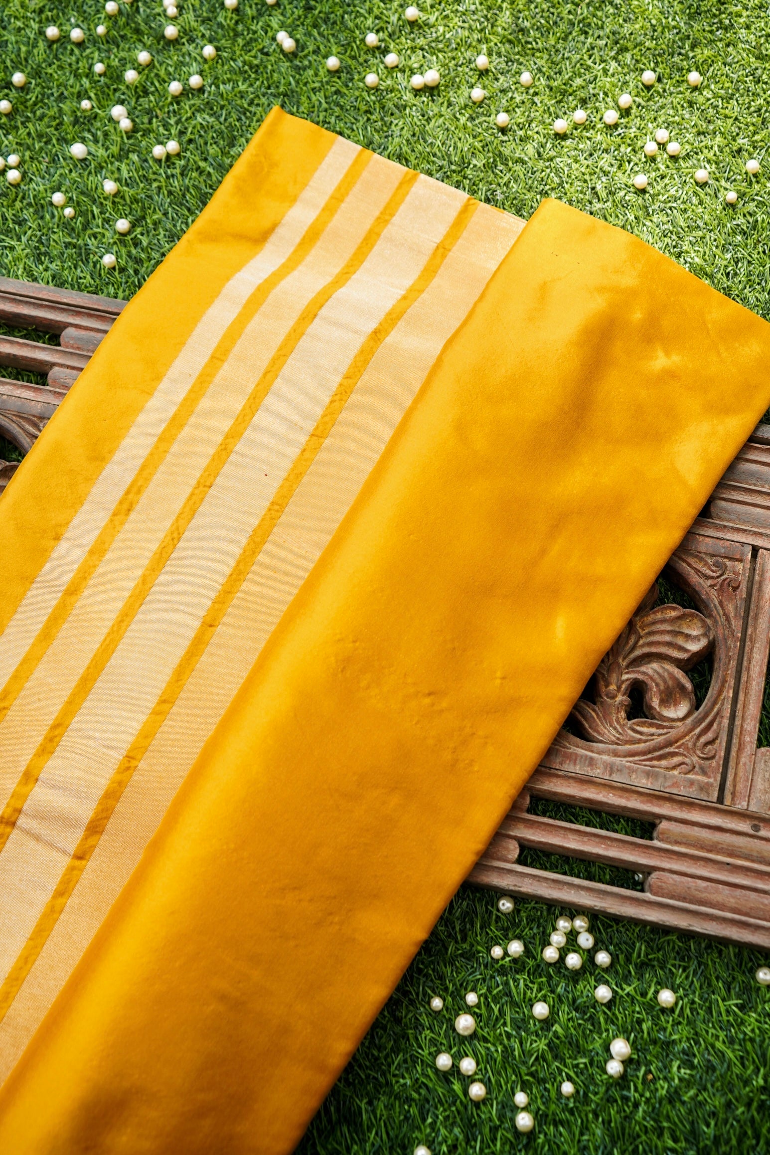 Pure Katan Silk Salaidar Zari Stripe Banarasi Saree in Marigold Yellow