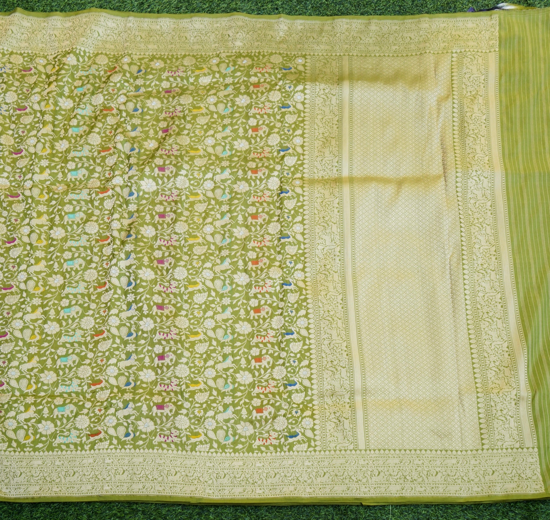 Handwoven Banarasi Katan Silk Shikargah Saree in Olive Green