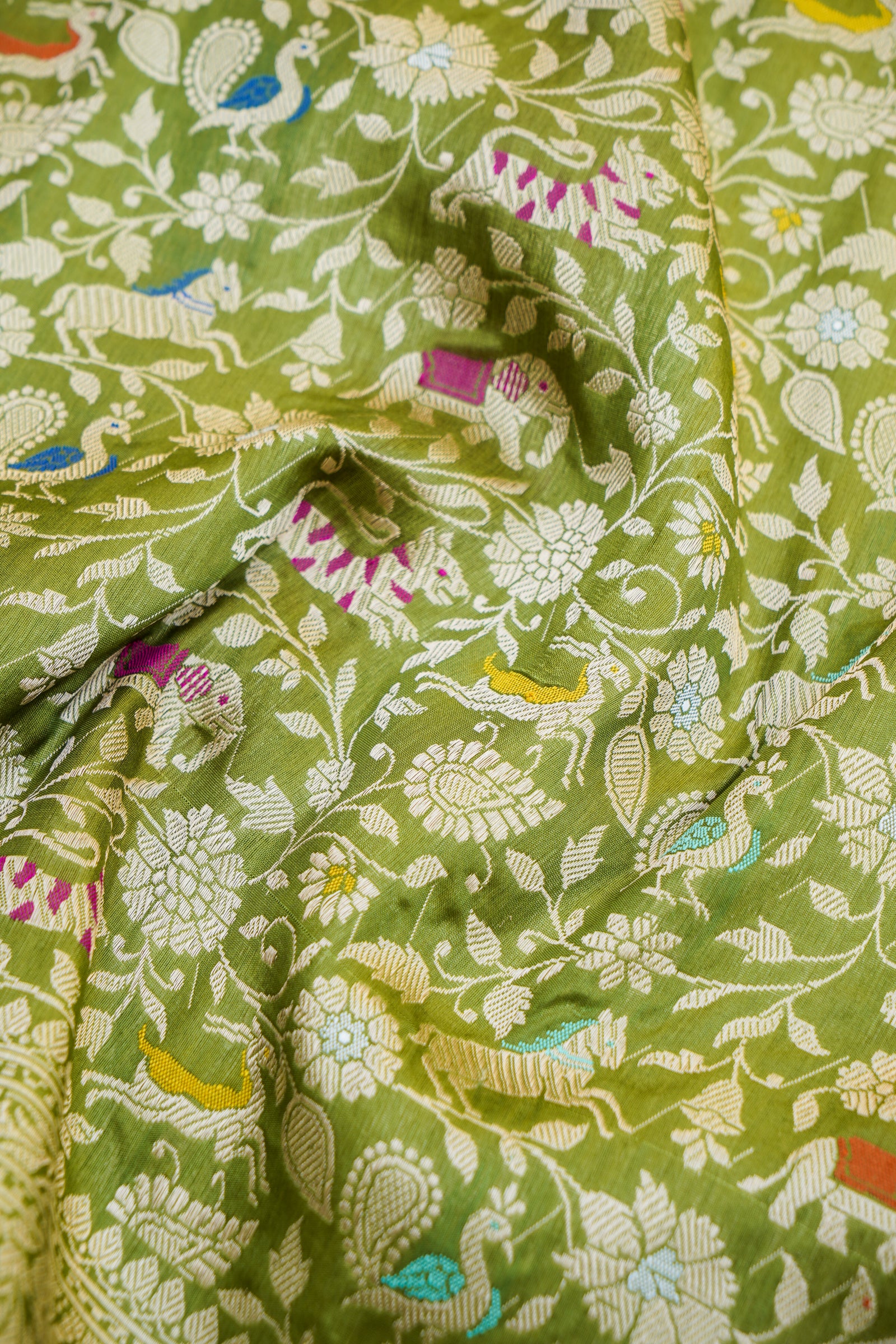 Handwoven Banarasi Katan Silk Shikargah Saree in Olive Green