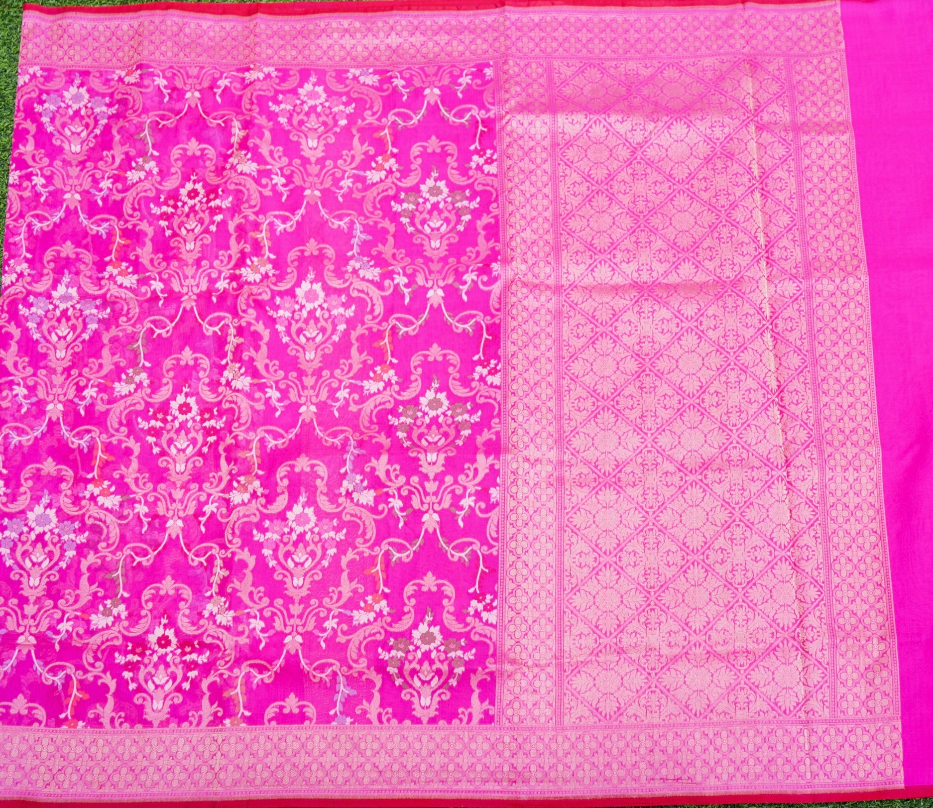 Pure Kora Silk Ektara Jamdani Meenakari Jaal Banarasi Saree in Magenta Pink