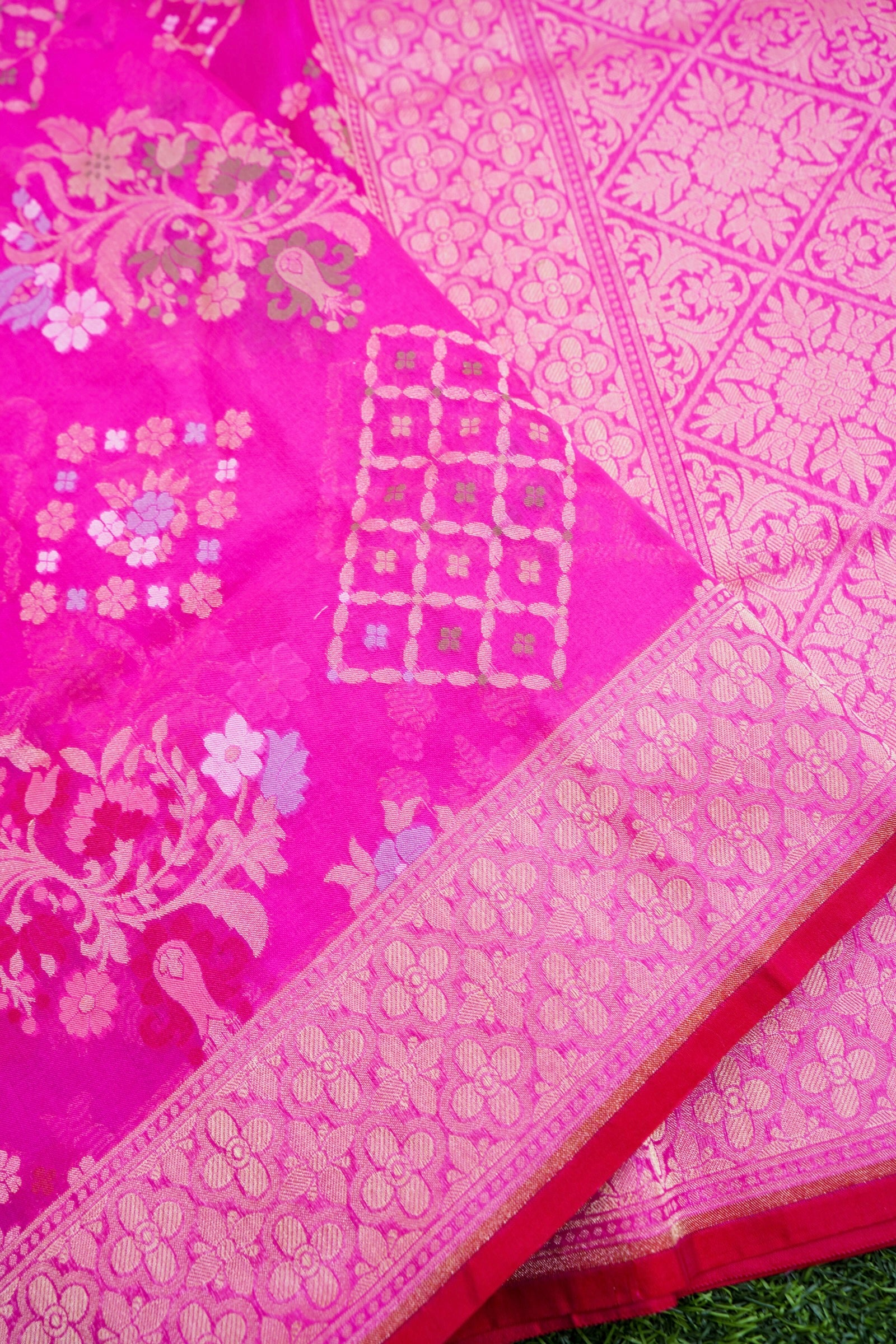 Pure Kora Silk Ektara Jamdani Banarasi Saree in Rani Pink