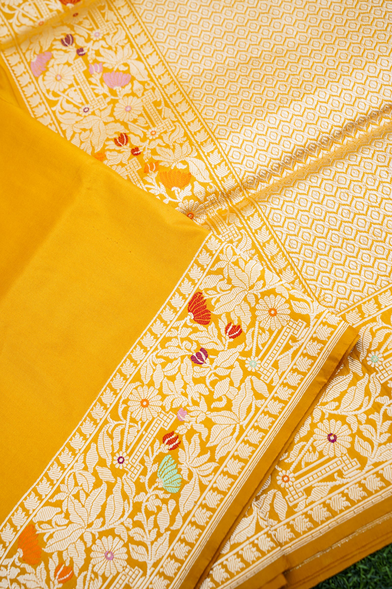 Pure Katan Silk Kadwa Bel Banarasi Saree in Marigold Yellow