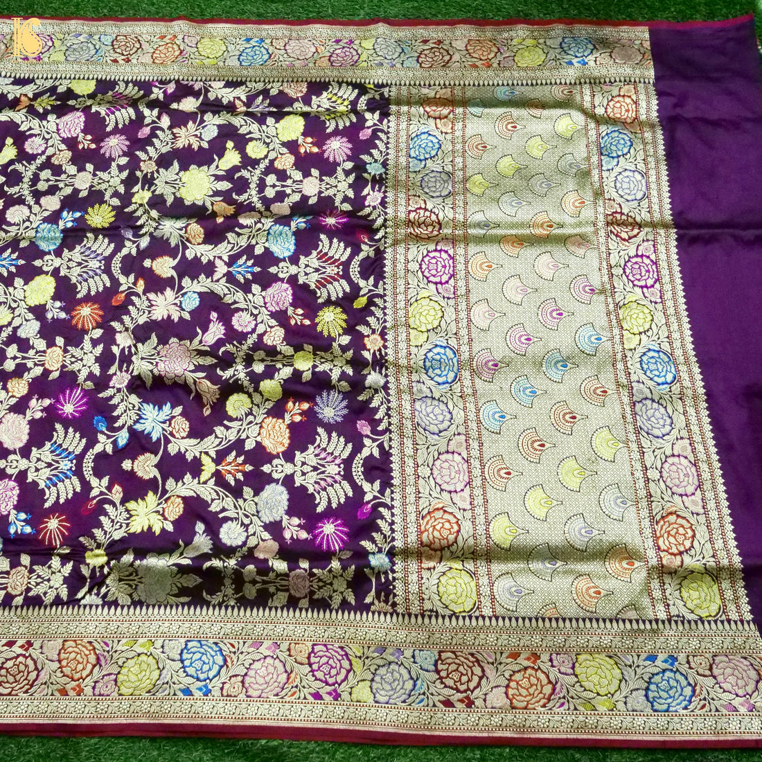 Banarasi Katan Silk Kadwa Jangla Meenakari Handwoven Saree in Deep Purple