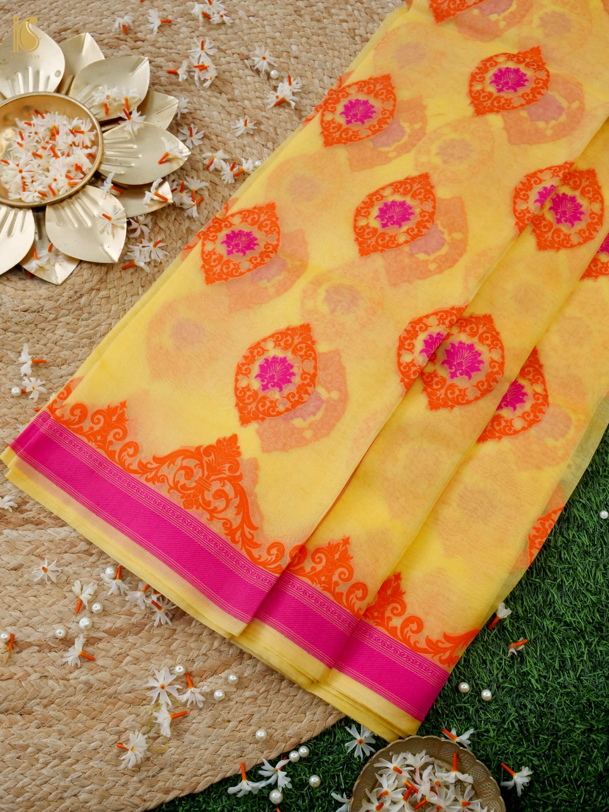 Handwoven Banarasi Organza Silk Saree in butter yellow with intricate gold zari work, crafted by Khinkhwab.