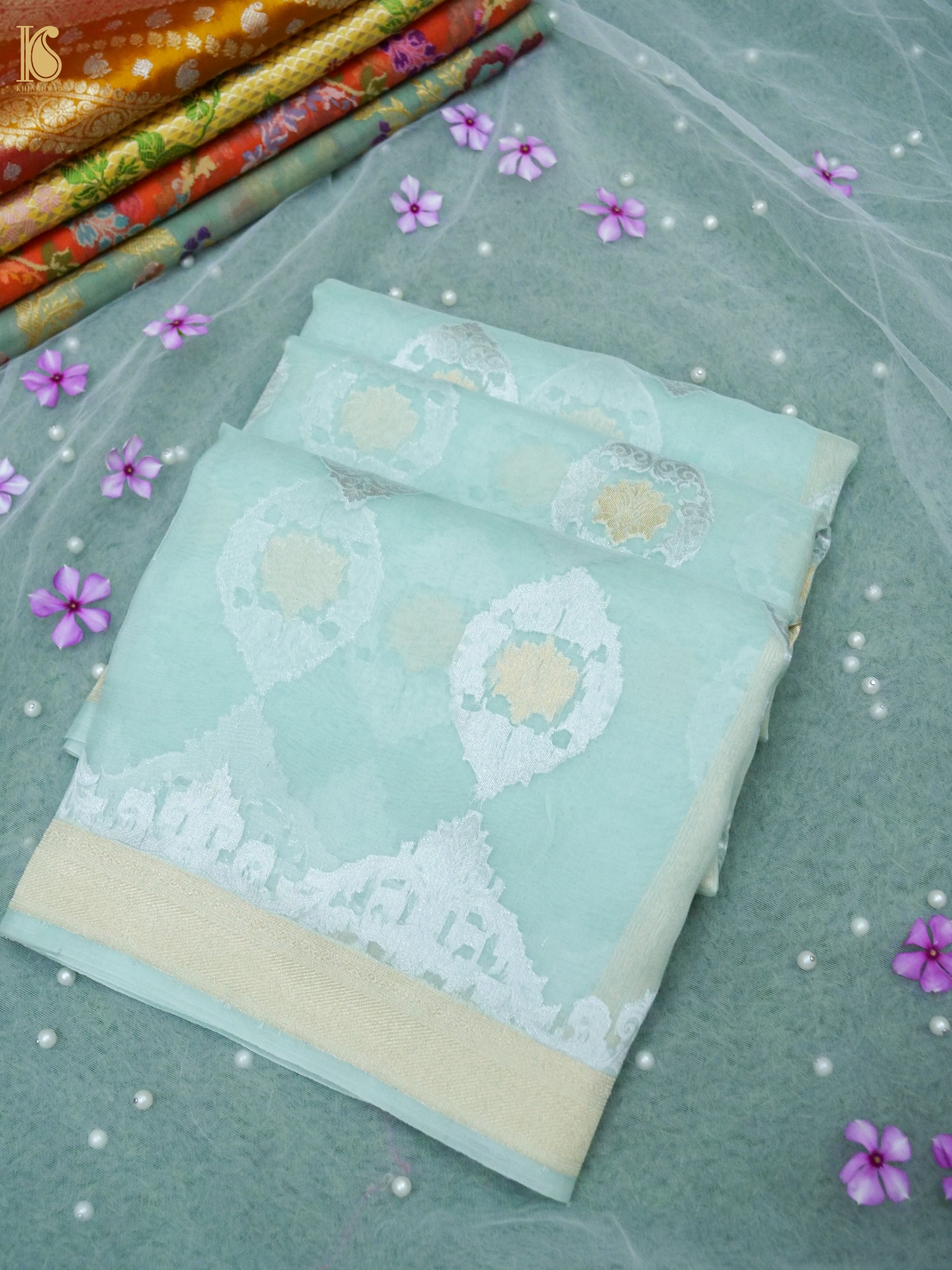 Banarasi Organza Silk Kadwa Handwoven Saree in Aqua Mint