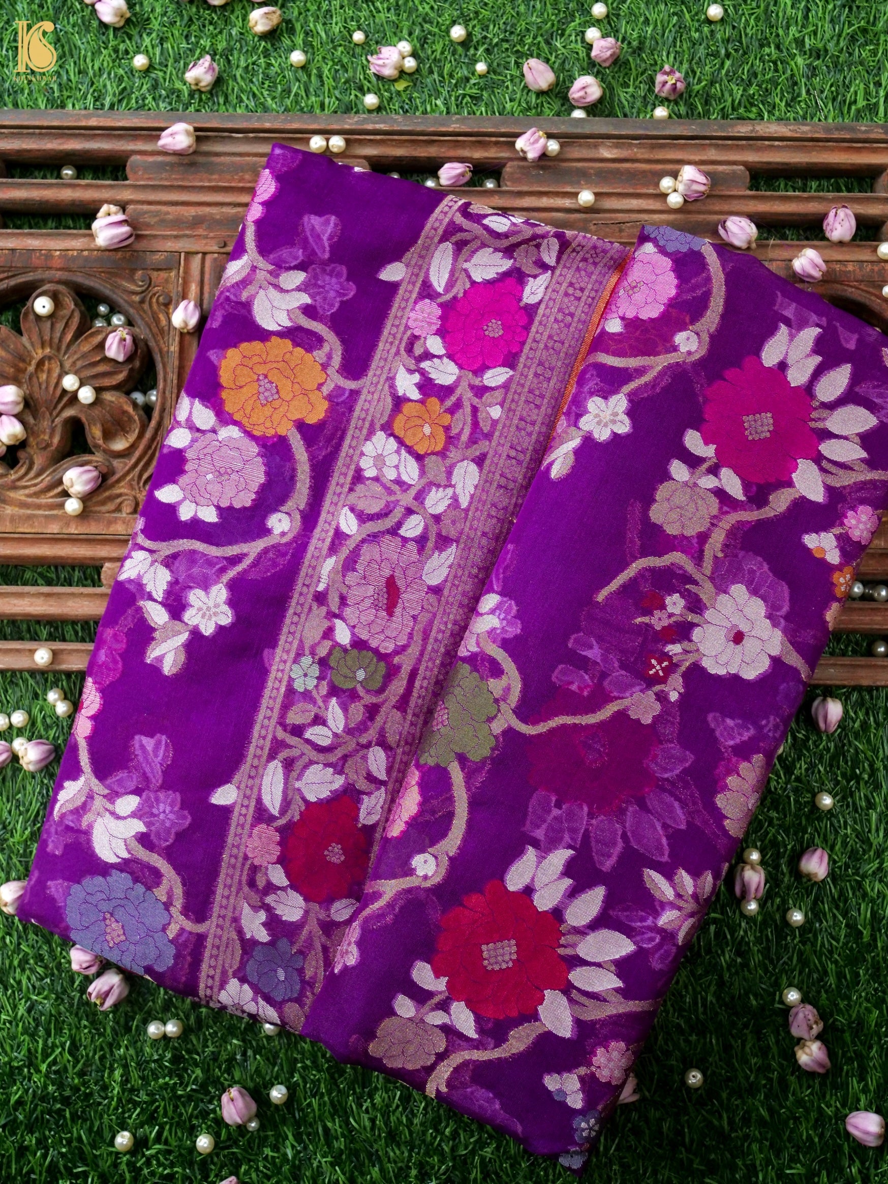 Banarasi Kora Silk Jamdani Saree in Deep Violet