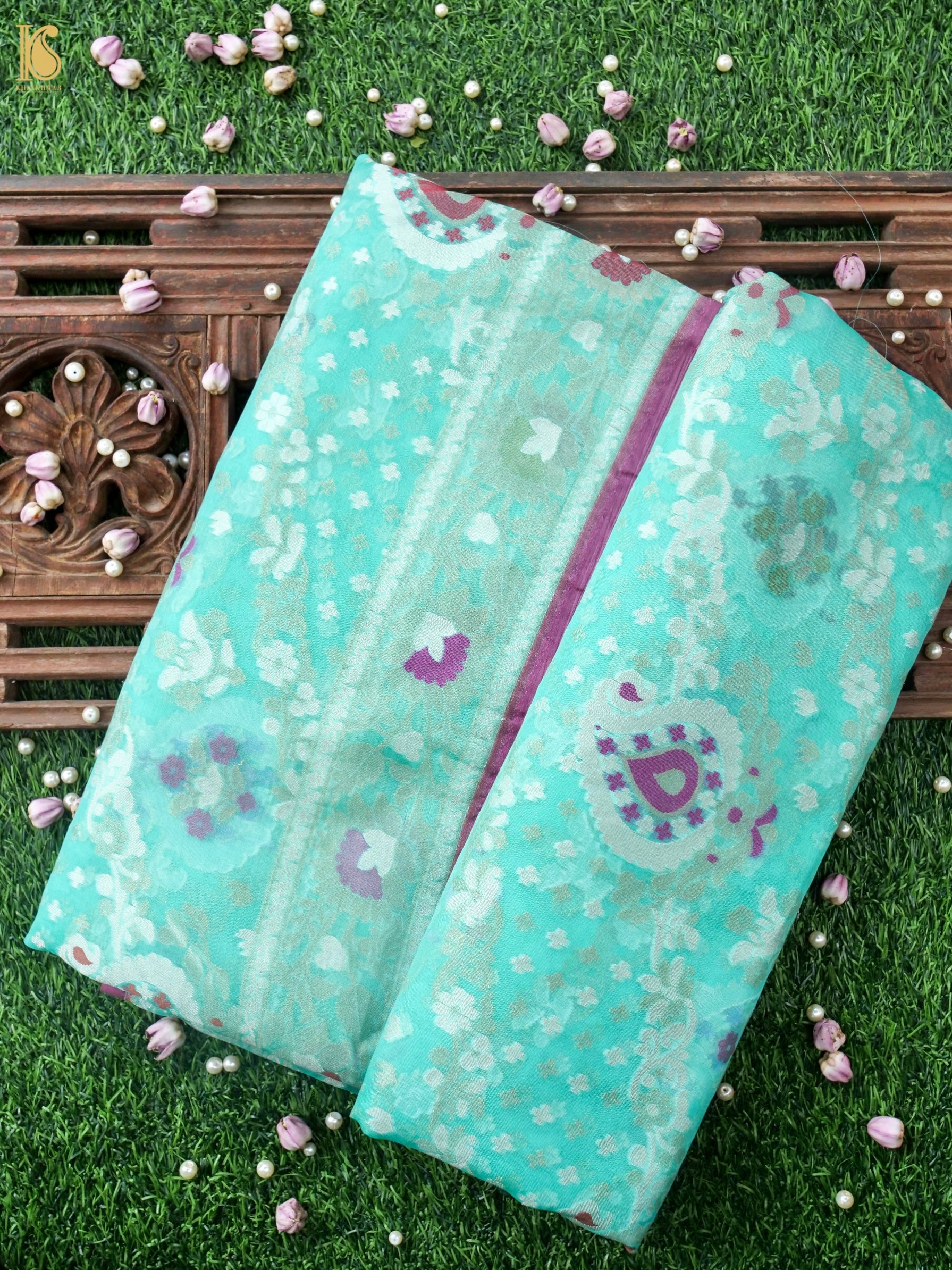 Banarasi Kora Silk Jamdani Saree in Sea Green