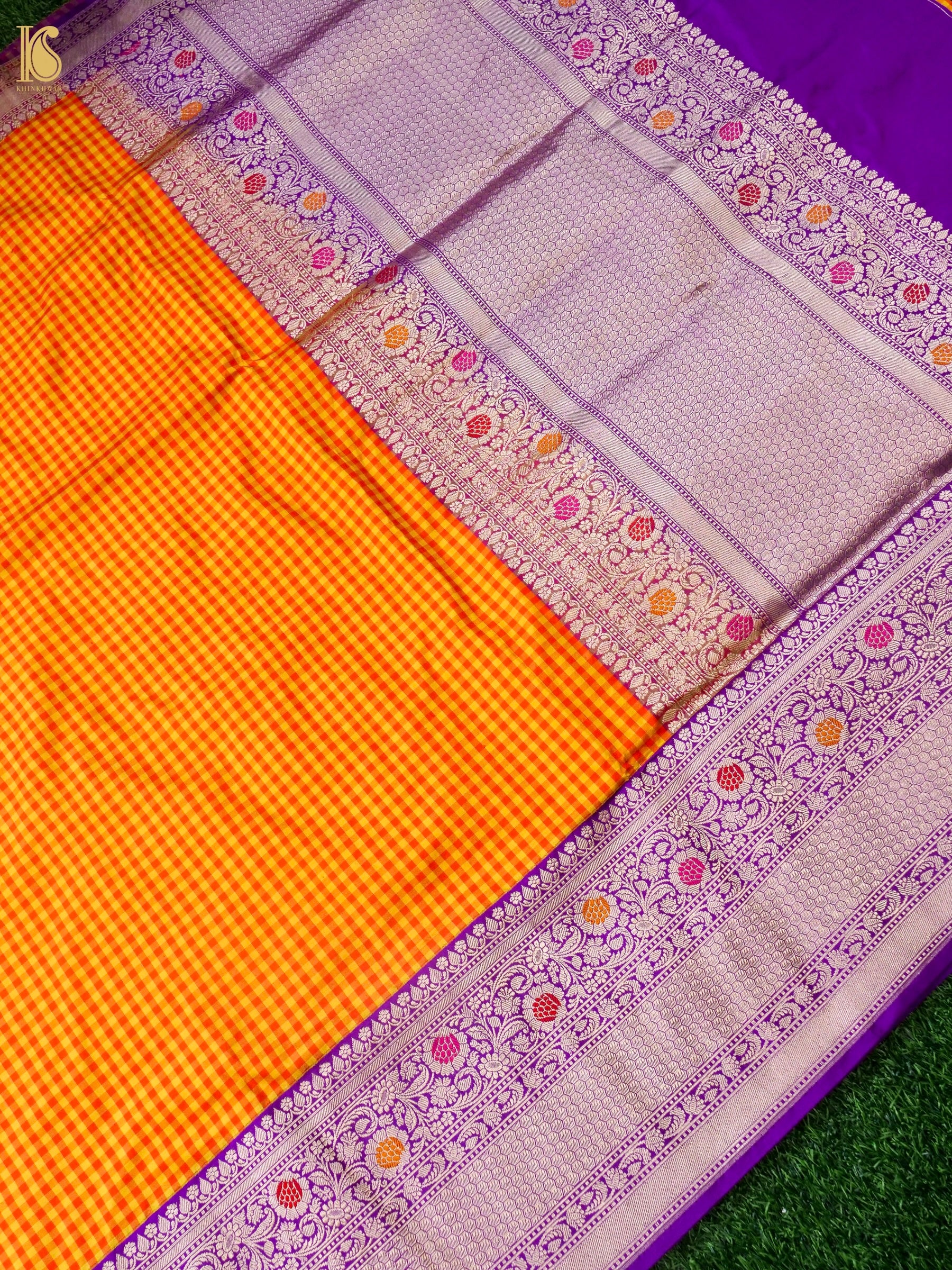 Pure Katan Silk Kadiyal Charkhana Meenakari Border Banarasi Saree in Yellow Orange