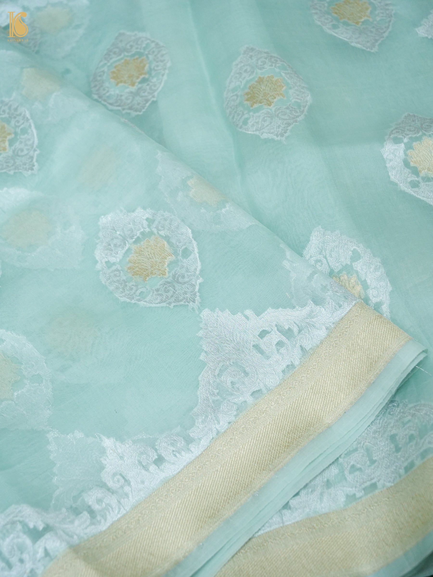 Banarasi Organza Silk Kadwa Handwoven Saree in Aqua Mint
