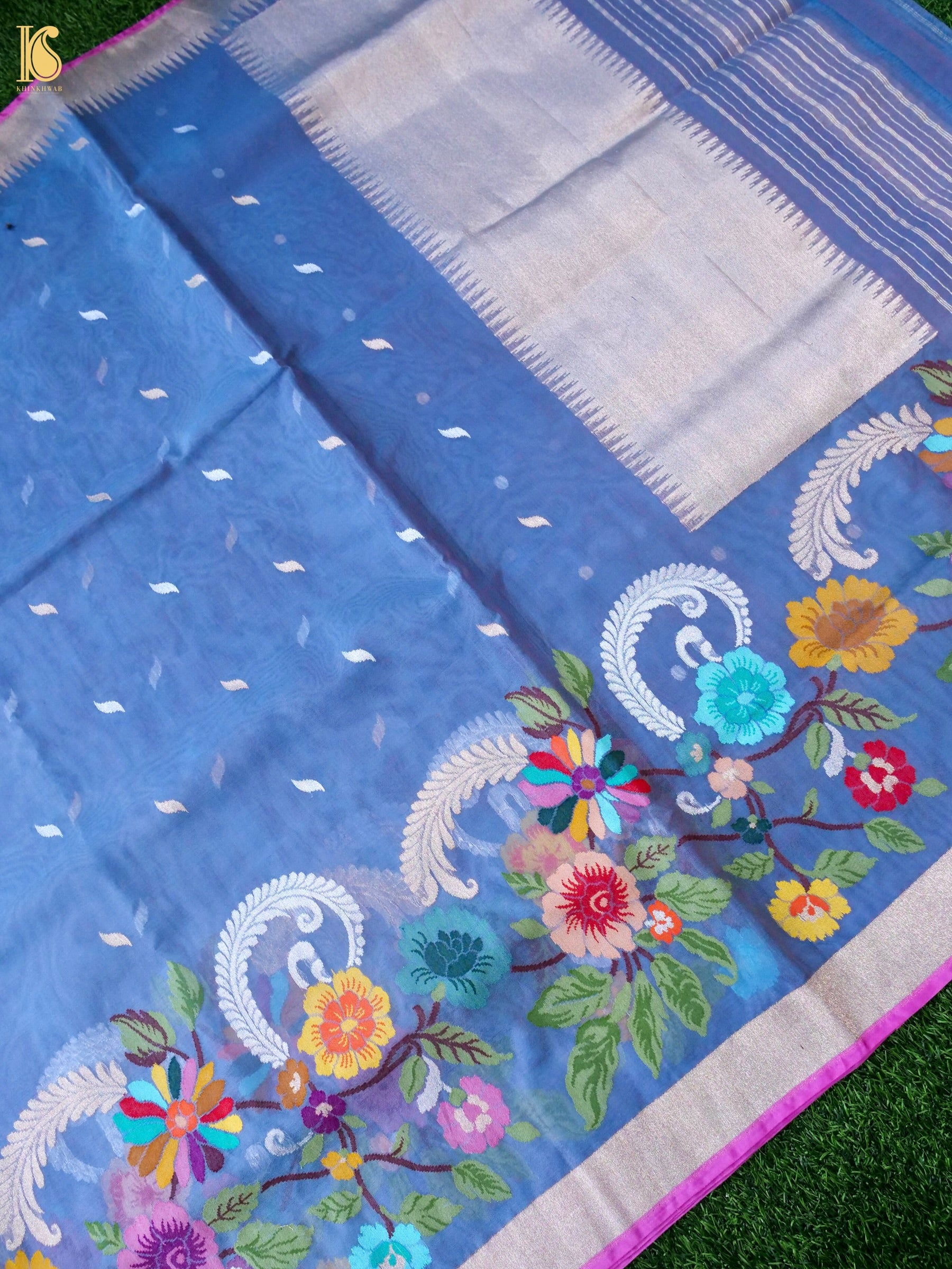 Banarasi Kora Silk Ektara Jamdani Saree in Steel Blue