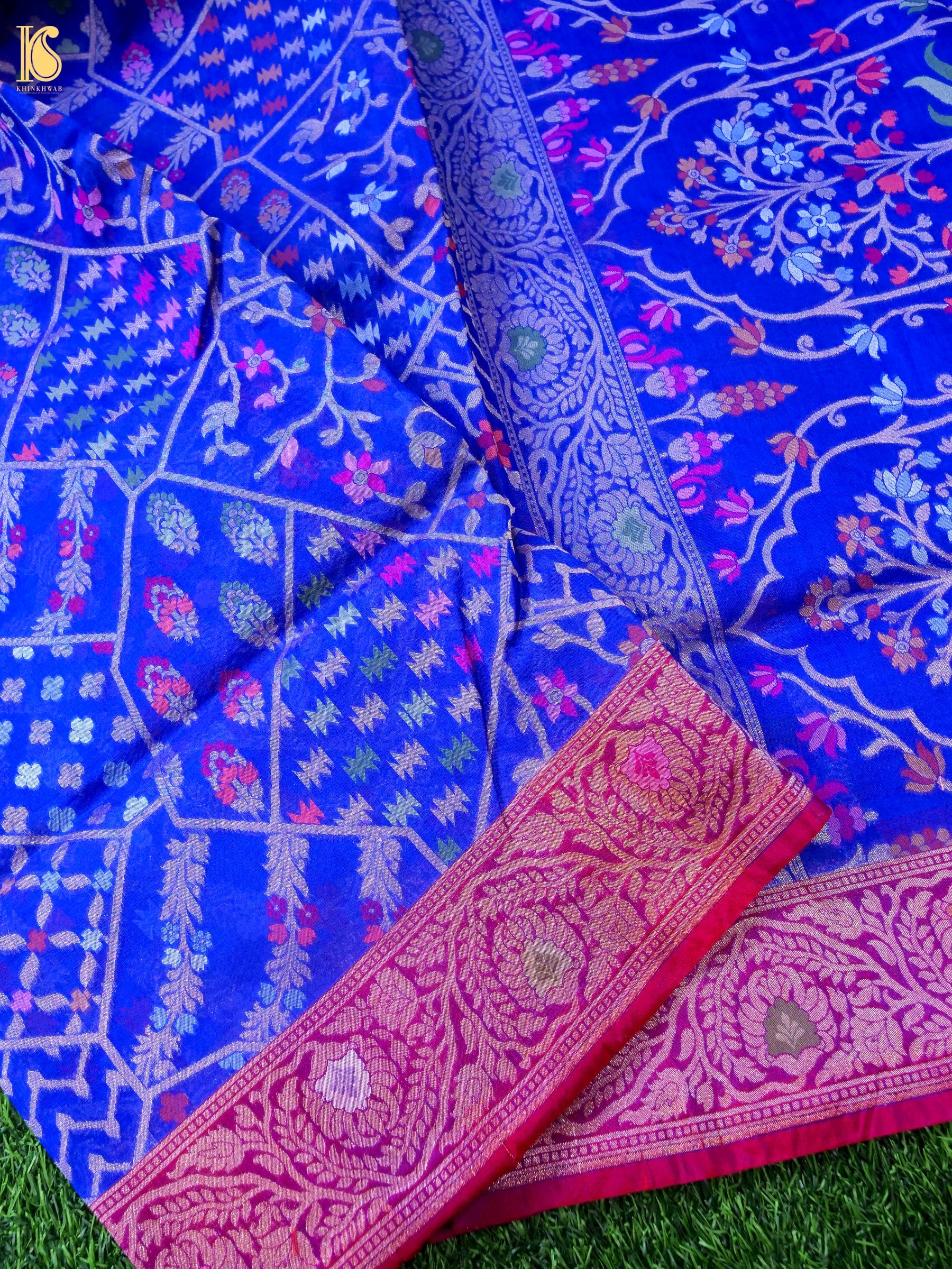Banarasi Kora Silk Jamdani Saree in Cobalt Blue