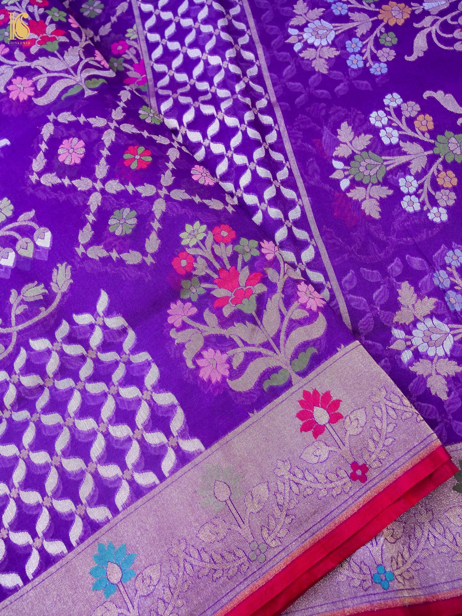 Banarasi Kora Silk Jamdani Saree in Violet Purple