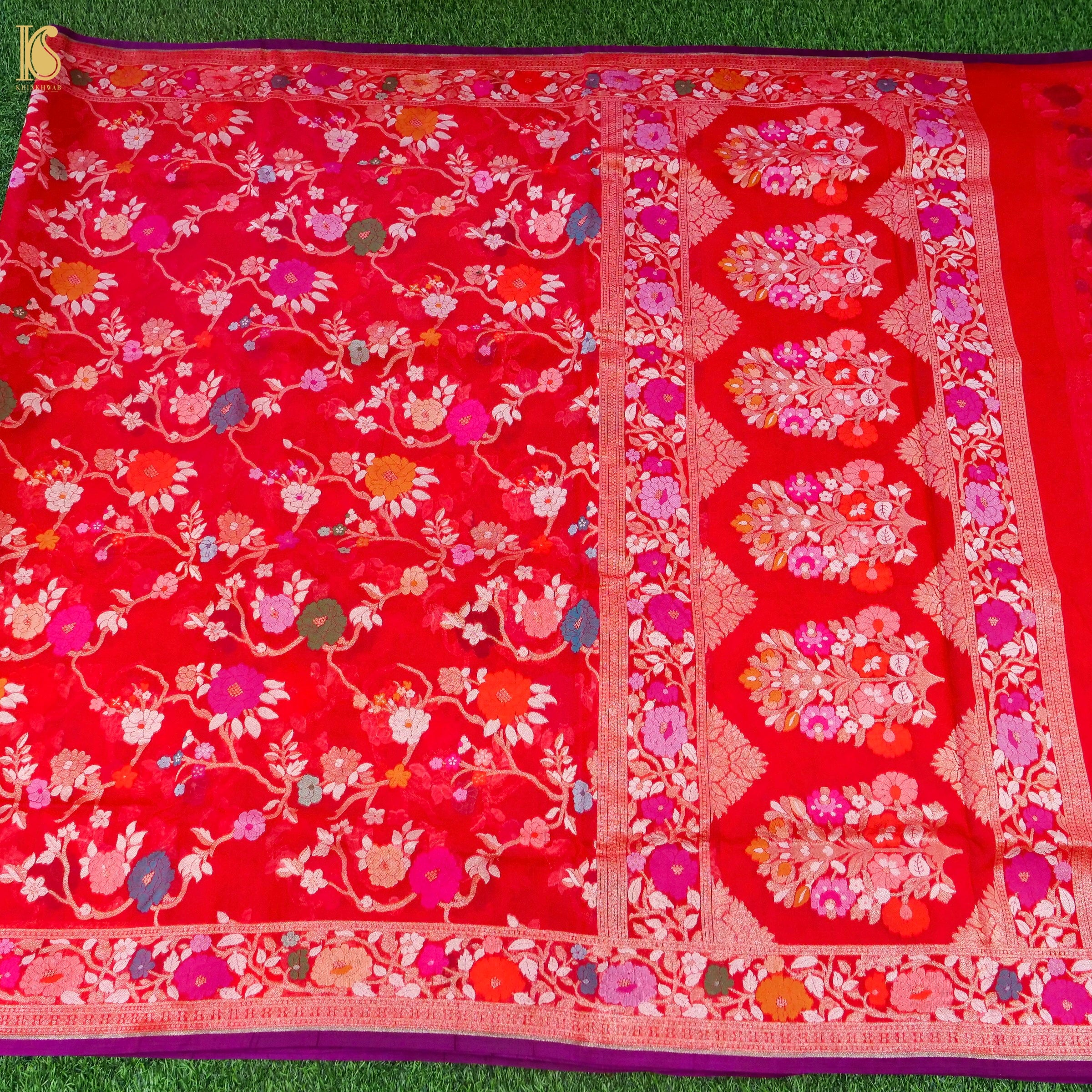 Banarasi Kora Silk Jamdani Saree in Tomato Red