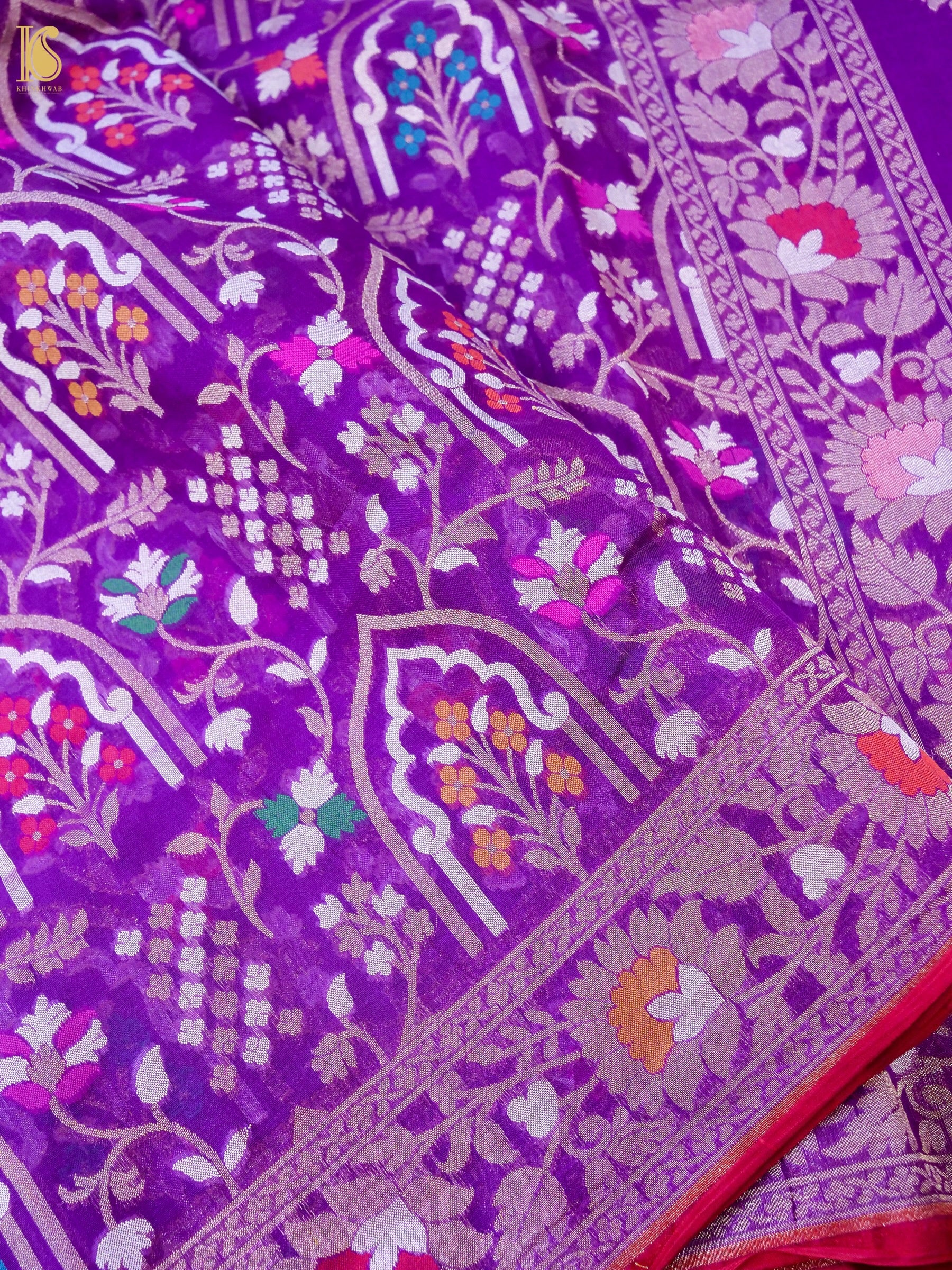 Banarasi Kora Silk Jamdani Saree in Magenta Purple