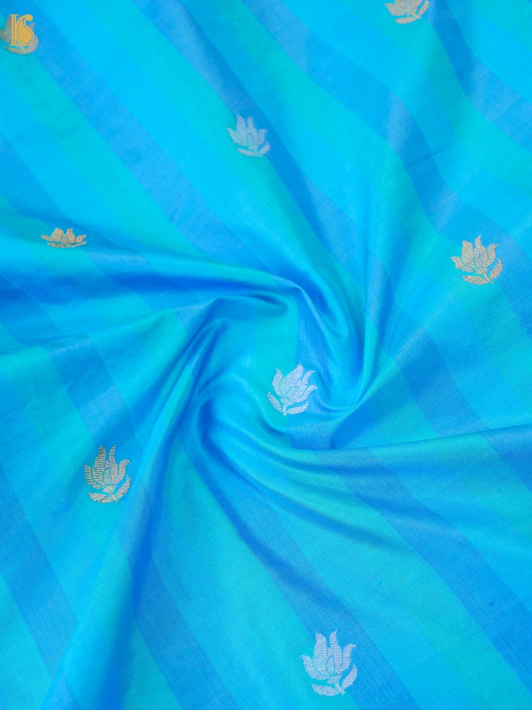 Banarasi Katan Silk Kadwa Tulip Boota Fabric in Blue Teal Stripe