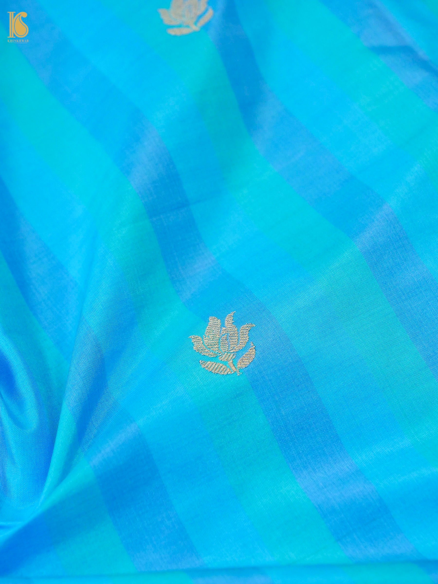 Banarasi Katan Silk Kadwa Tulip Boota Fabric in Blue Teal Stripe