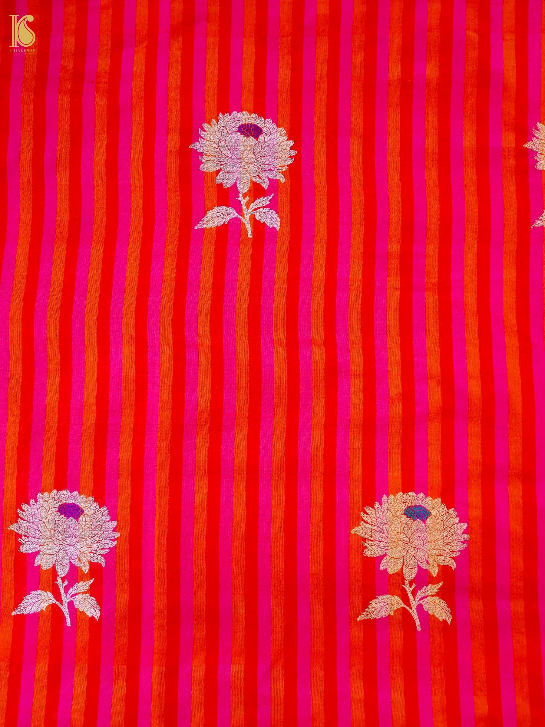 Banarasi Katan Silk Kadwa Chrysanthemum Boota Fabric in Pink Orange Stripe