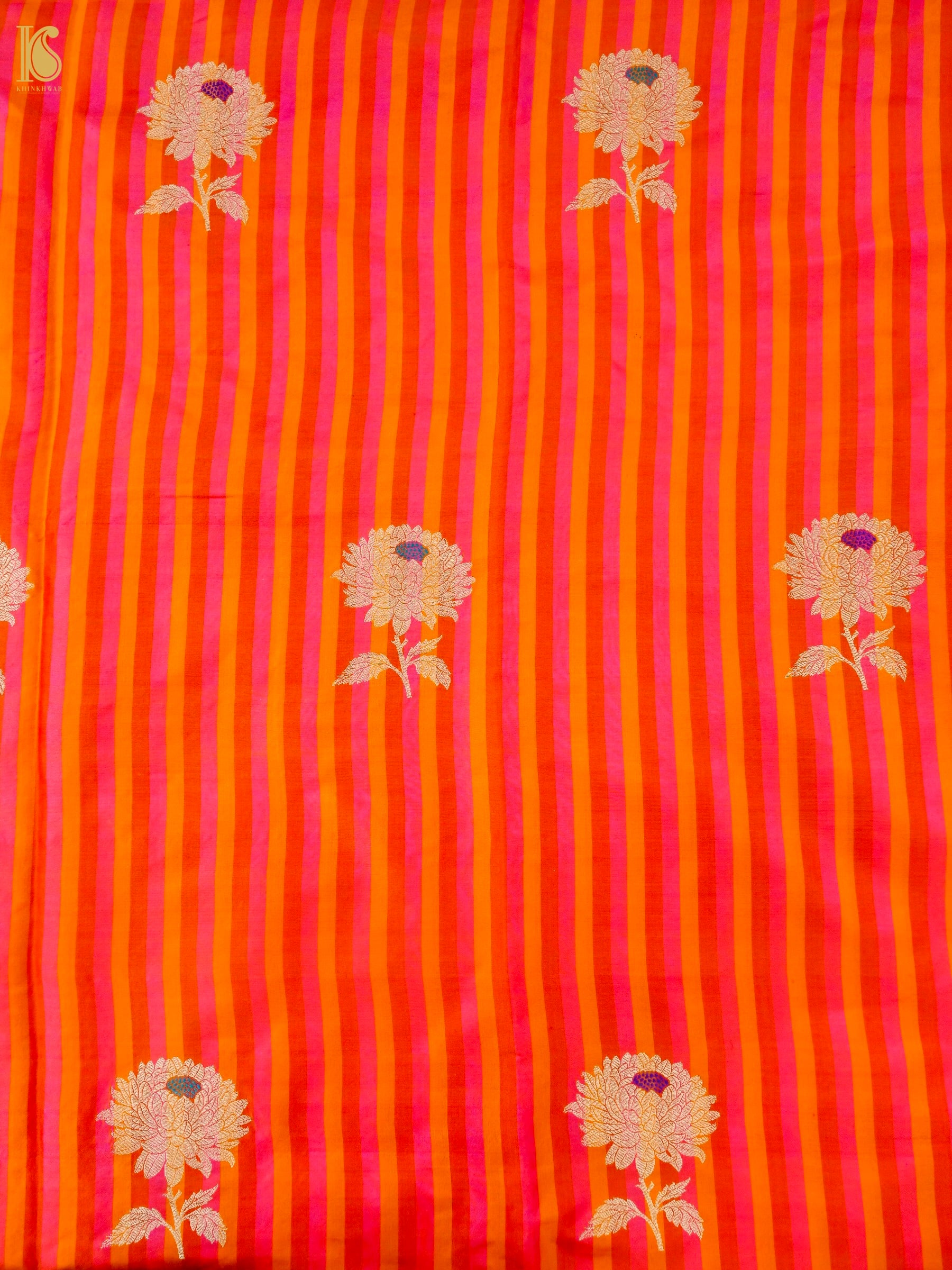 Banarasi Katan Silk Kadwa Chrysanthemum Boota Fabric in Sunset Orange Stripe