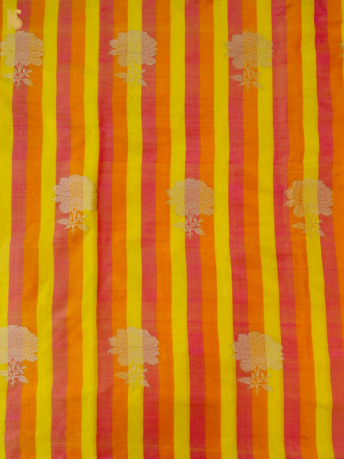 Banarasi Katan Silk Kadwa Chrysanthemum Boota Fabric in Yellow Orange Stripe