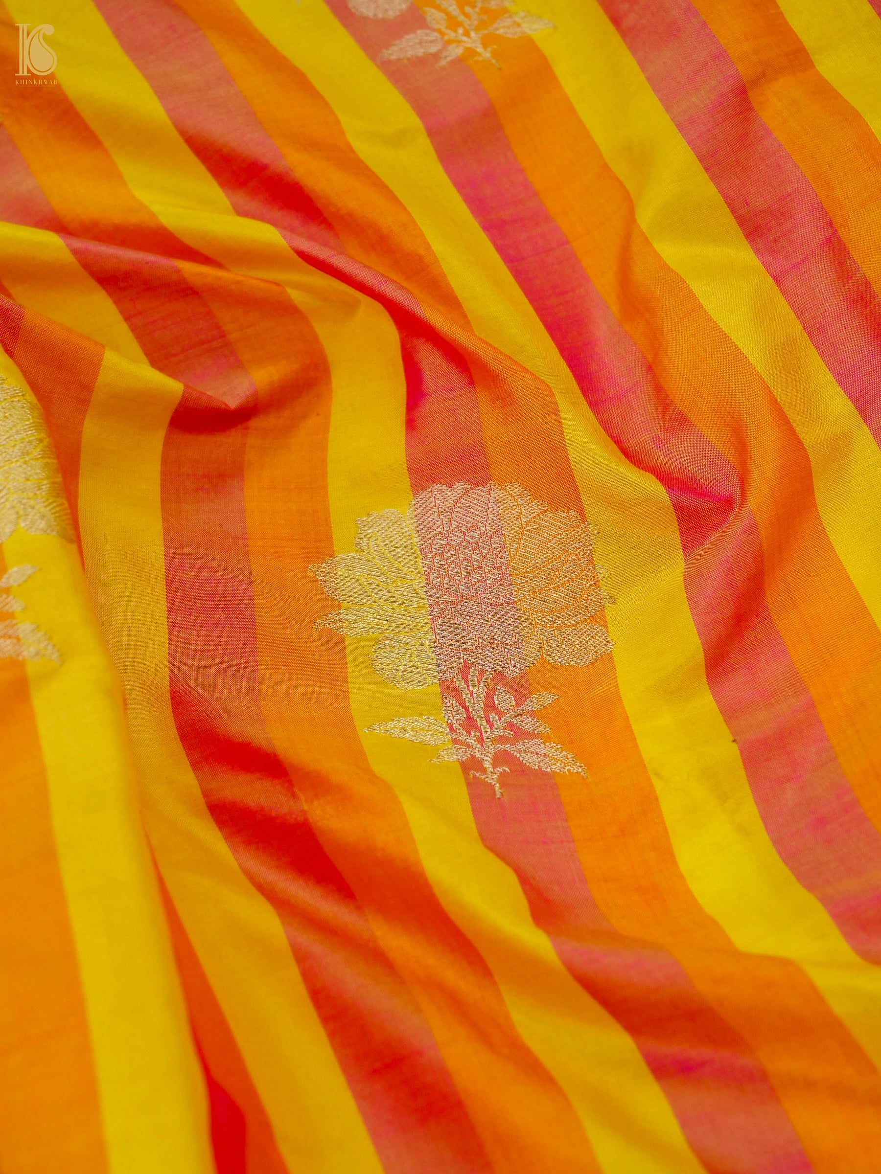 Banarasi Katan Silk Kadwa Chrysanthemum Boota Fabric in Yellow Orange Stripe