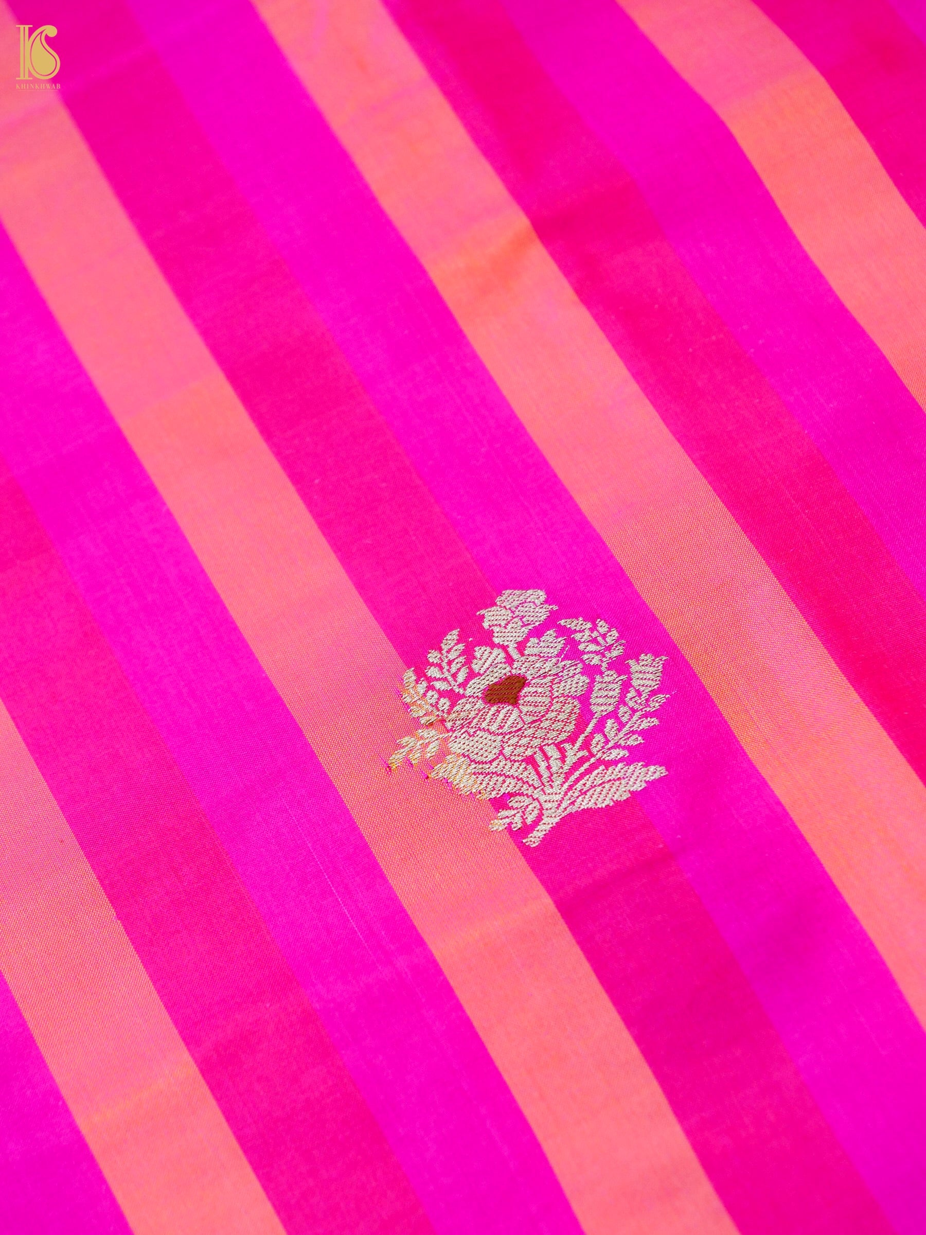 Banarasi Katan Silk Kadwa Floral Sprig Fabric in Magenta Peach Stripe