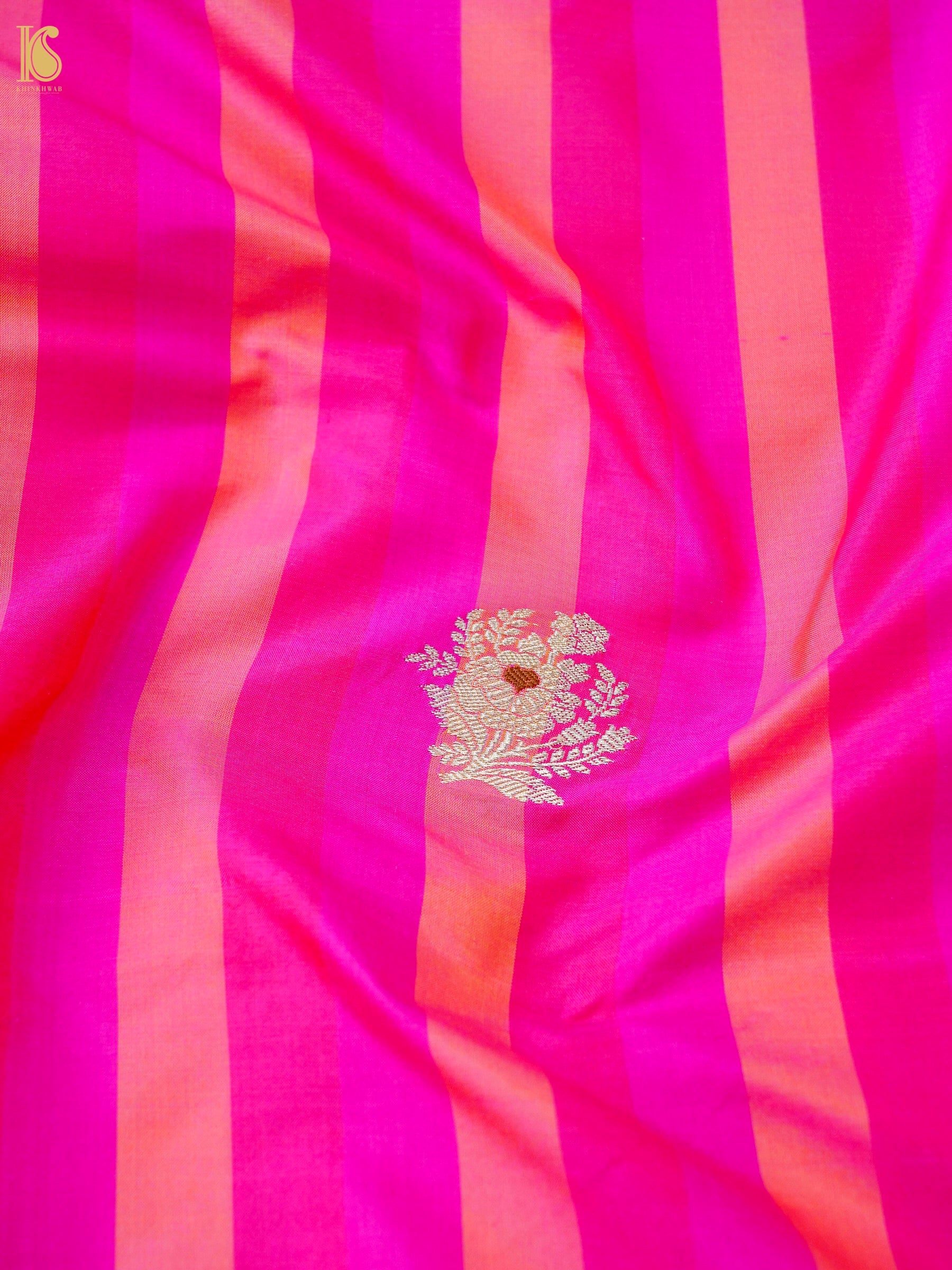Banarasi Katan Silk Kadwa Floral Sprig Fabric in Magenta Peach Stripe