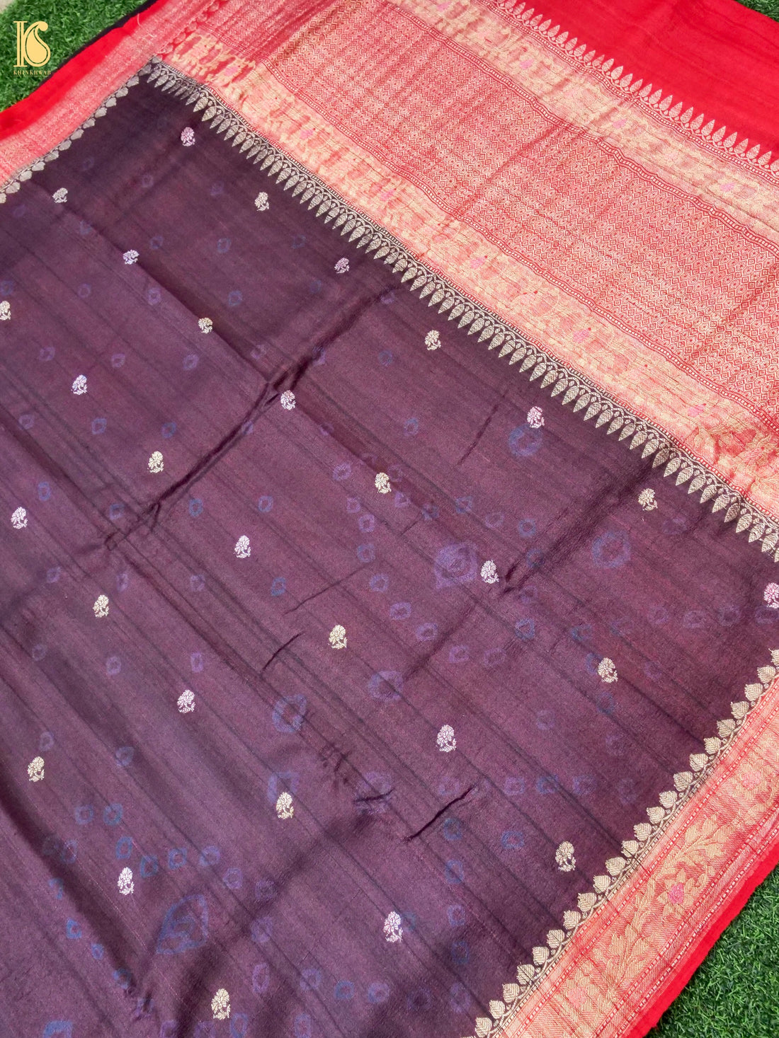 Khinkhwab handwoven Banarasi Tussar silk booti saree in aubergine with intricate woven motifs