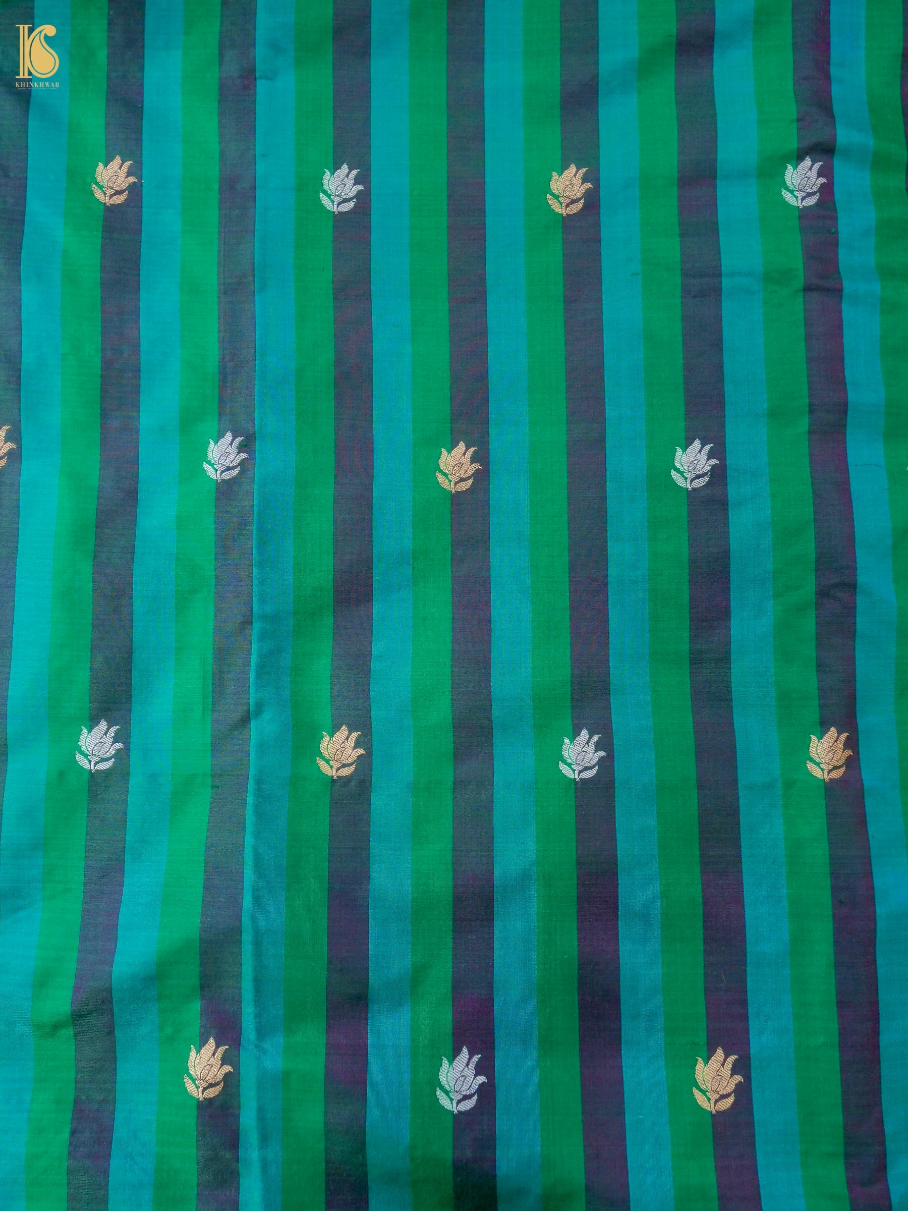 Banarasi Katan Silk Kadwa Tulip Boota Fabric in Emerald Purple Stripe
