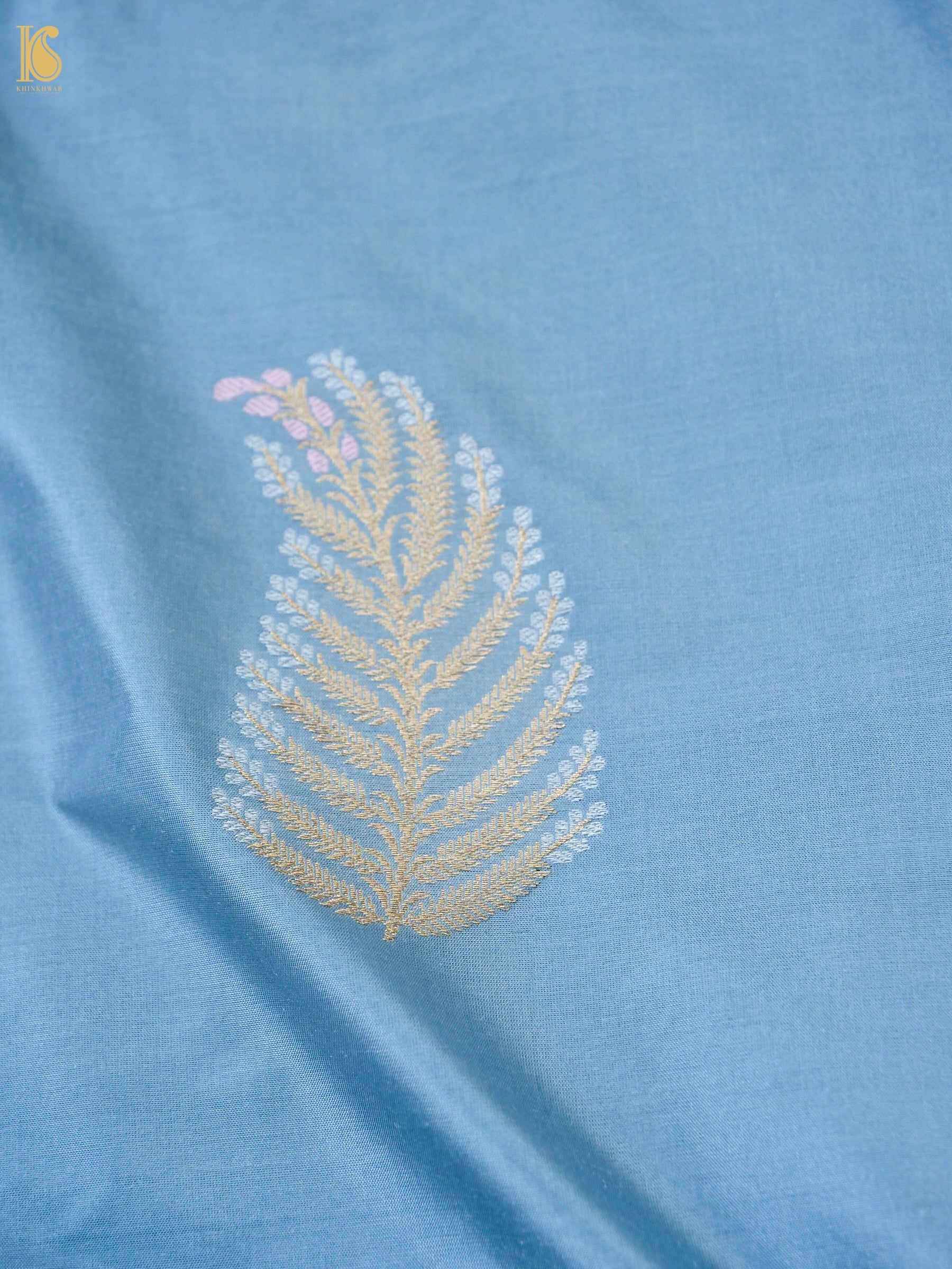 Banarasi Katan Silk Kadwa Leaf Feather Fabric in Dusty Blue