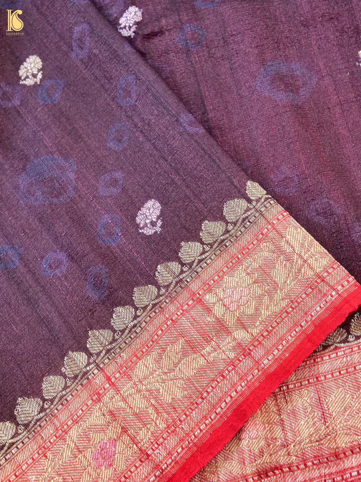 Khinkhwab handwoven Banarasi Tussar silk booti saree in aubergine with intricate woven motifs
