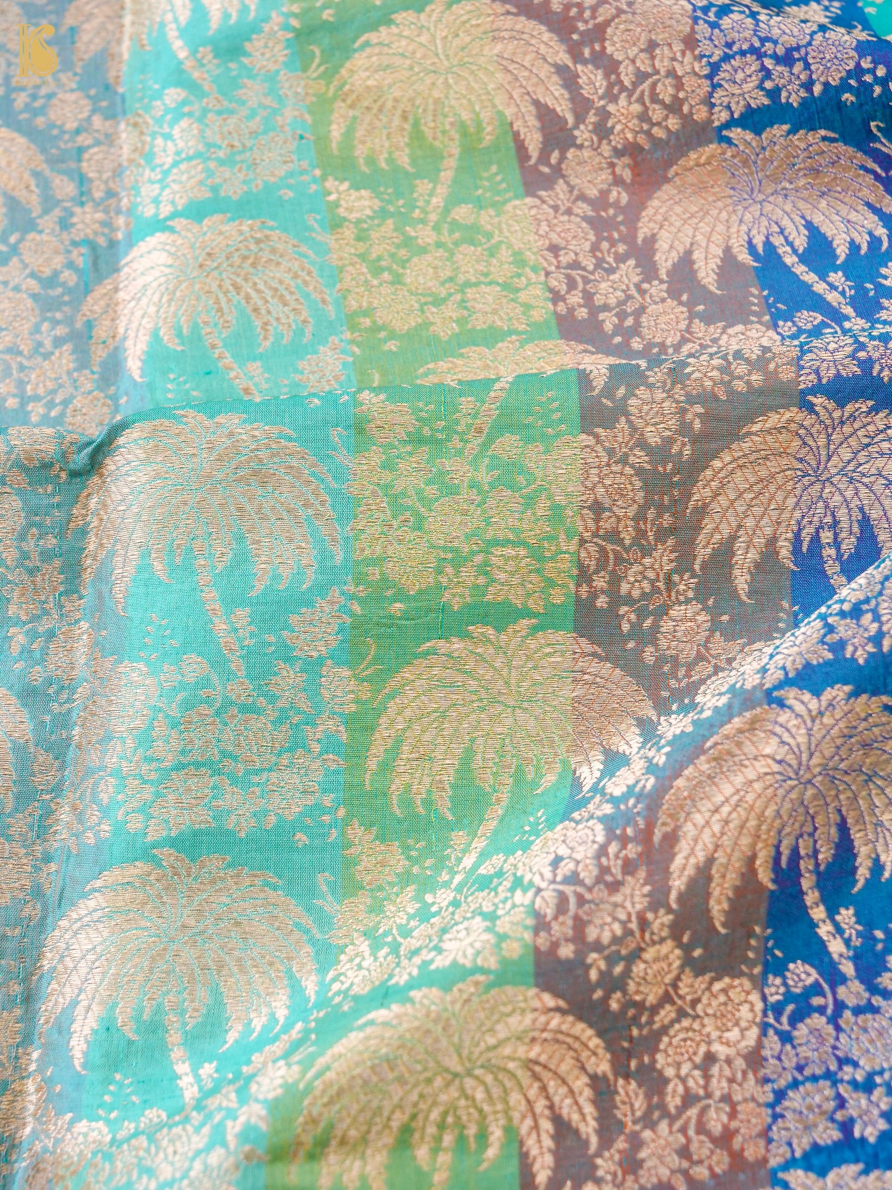 Banarasi Katan Silk Brocade Palm Tree Fabric in Turquoise Purple Stripe