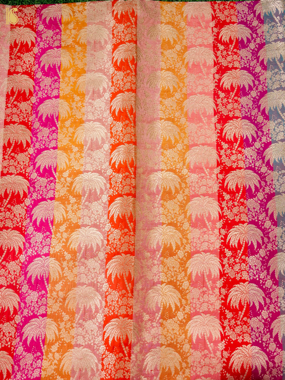Banarasi Katan Silk Brocade Palm Tree Fabric in Red Pink Orange Stripe