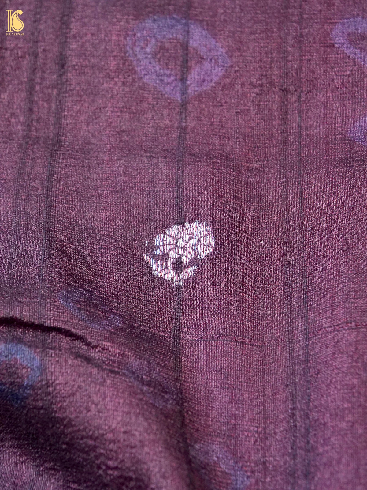 Khinkhwab handwoven Banarasi Tussar silk Booti saree in aubergine with intricate woven motifs