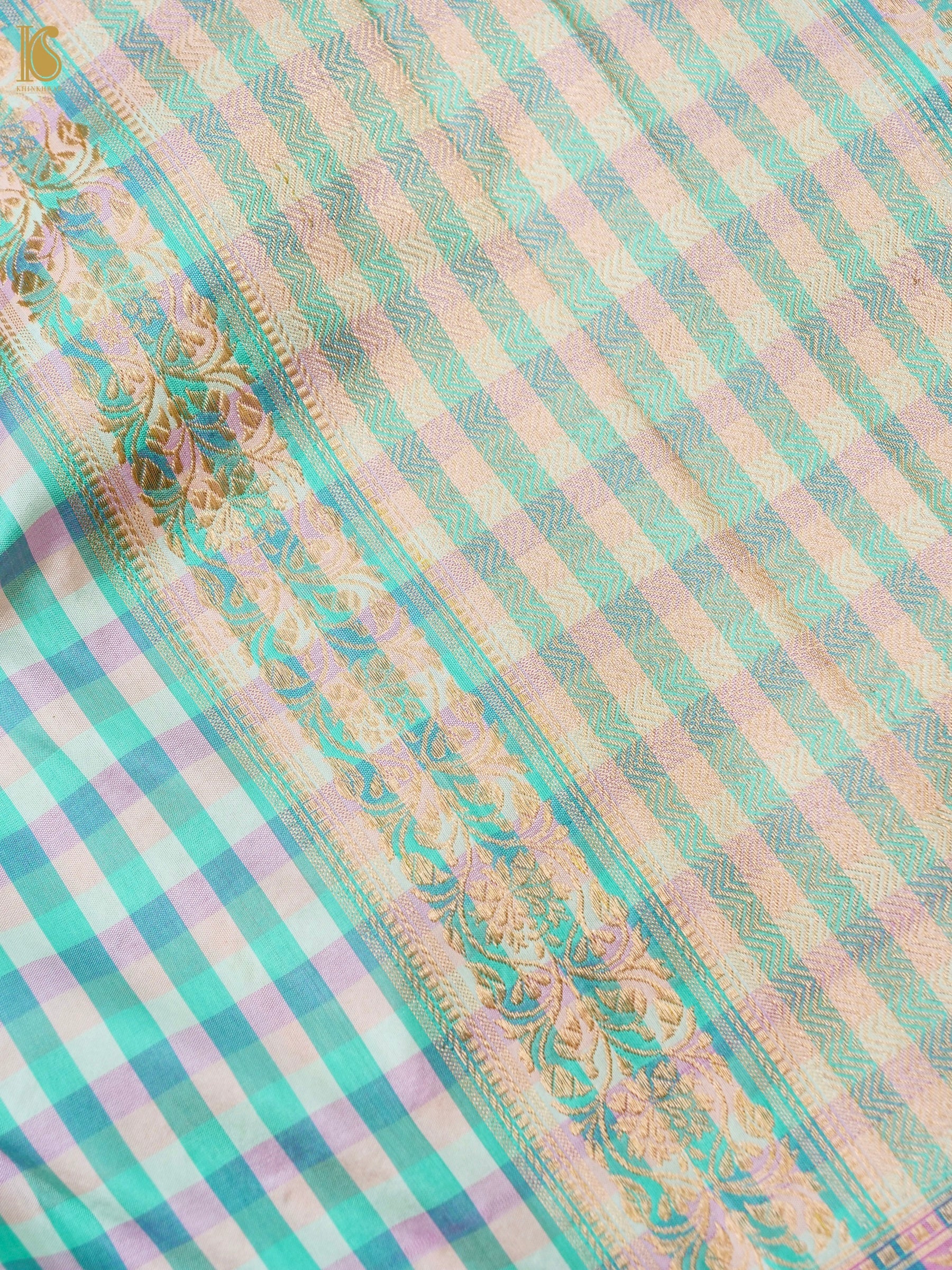Banarasi Katan Silk Kadwa Charkhana Dupatta in Mint Cream Check