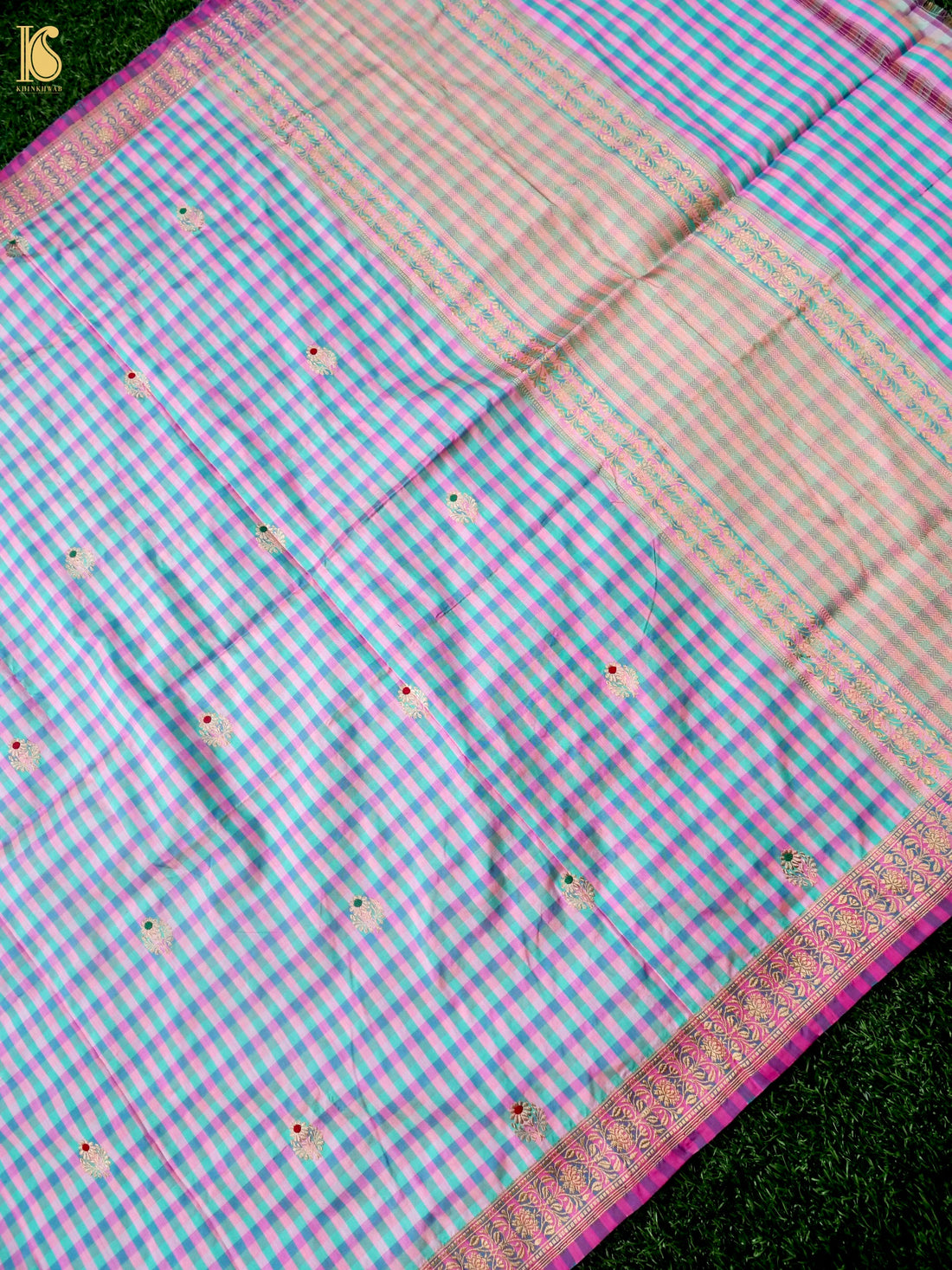 Banarasi Katan Silk Kadwa Charkhana Dupatta in Pink Teal Check