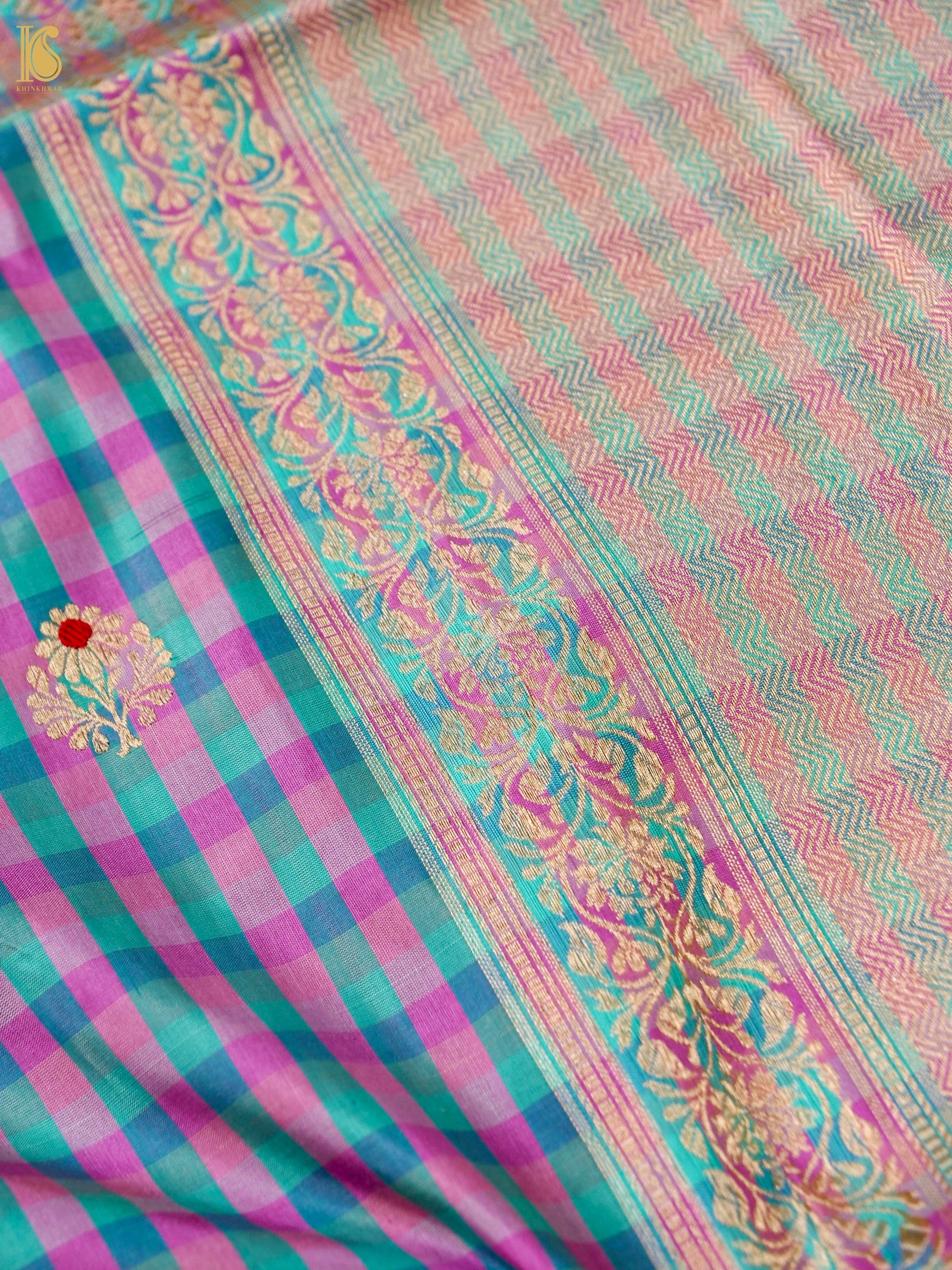 Banarasi Katan Silk Kadwa Charkhana Dupatta in Teal Pink Check