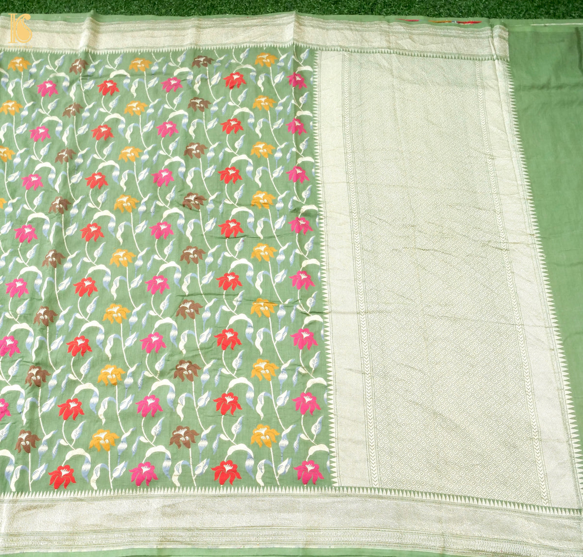 Khinkhwab Banarasi Tussar Georgette Meenakari cutwork saree in sage green
