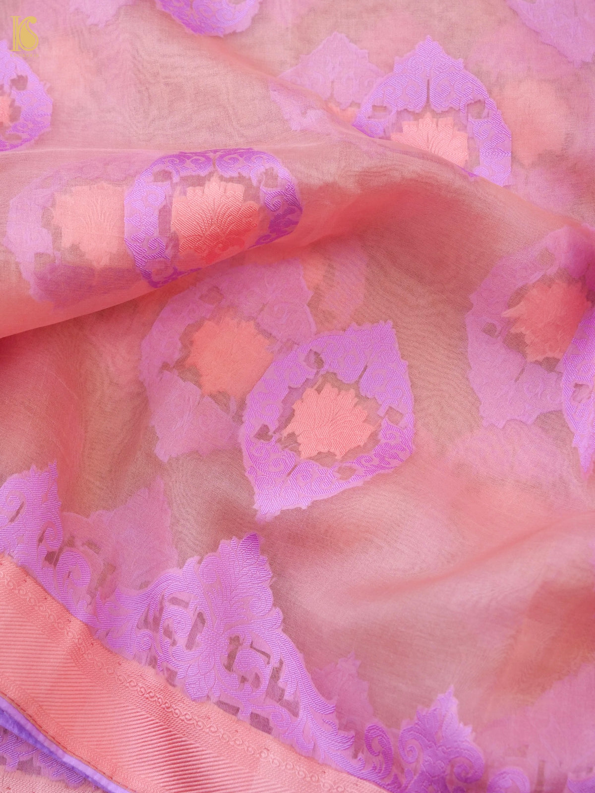 Handwoven blush pink Banarasi Organza silk saree with intricate gold zari work from Khinkhwab&