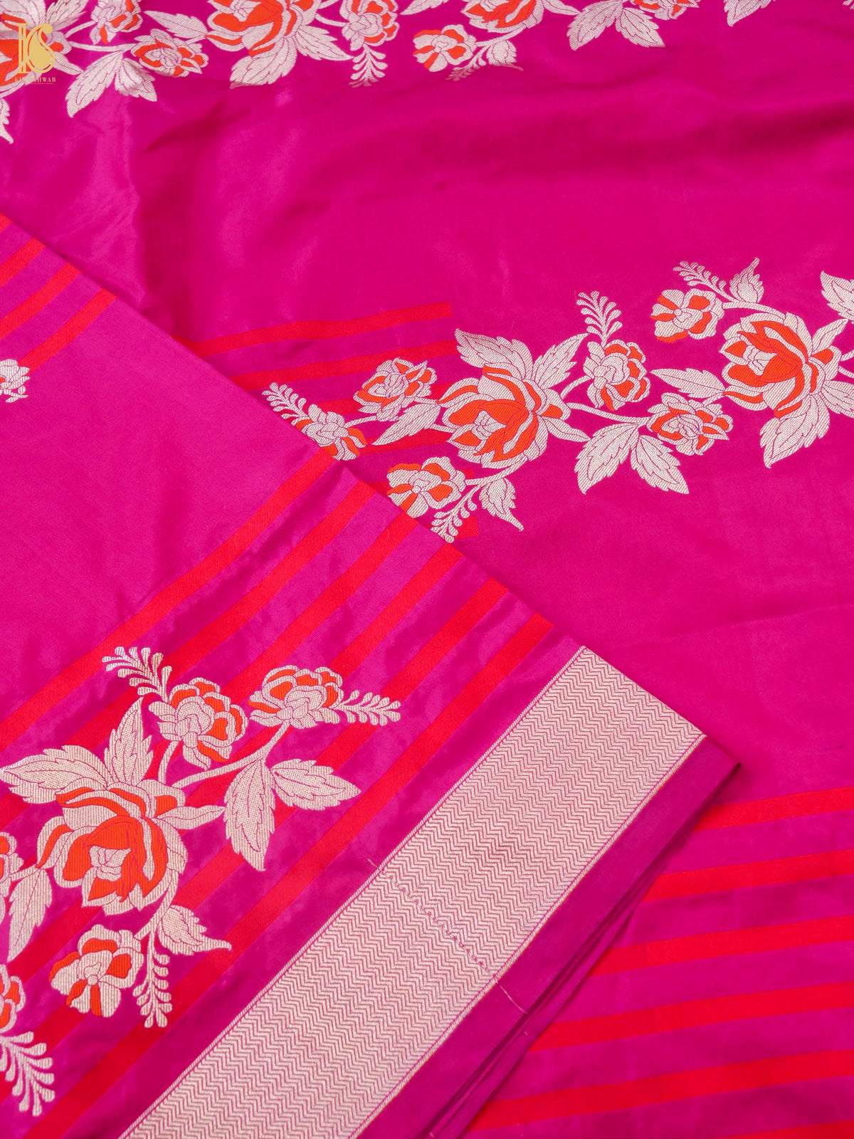 Rani pink Banarasi Katan Silk Ektara handwoven saree by Khinkhwab showcasing intricate traditional silk fabric and detailed craftsmanship.