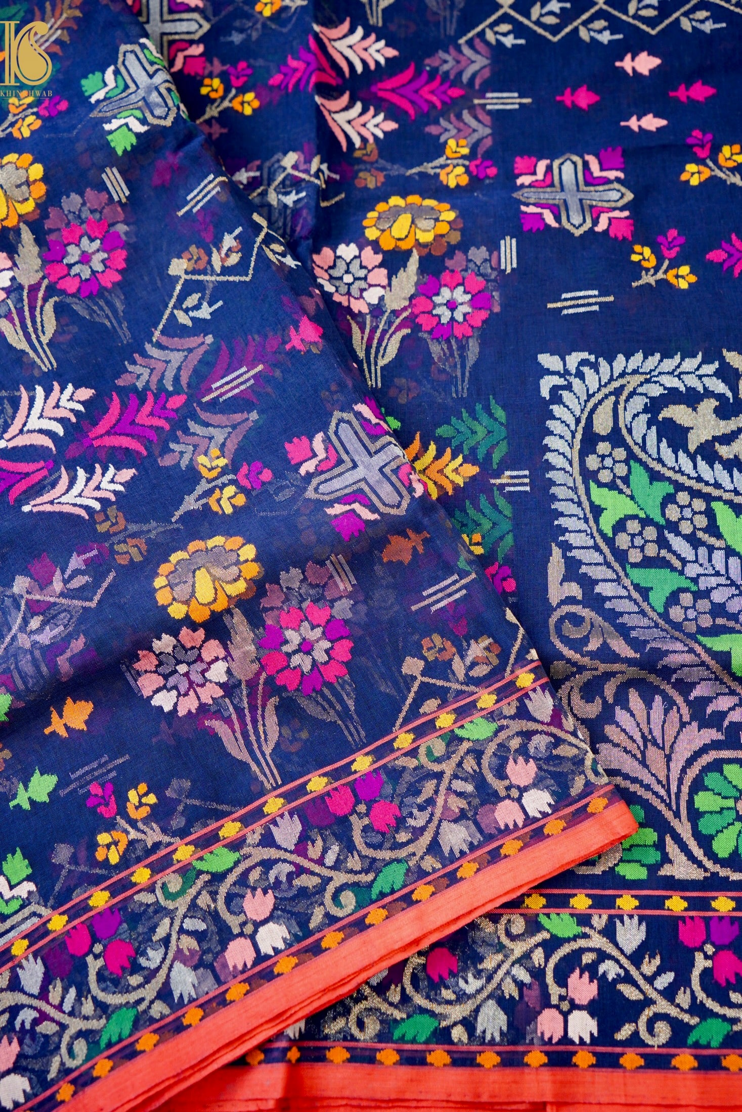 Neelambari Handloom Banarasi Real Silver Zari Cotton Saree