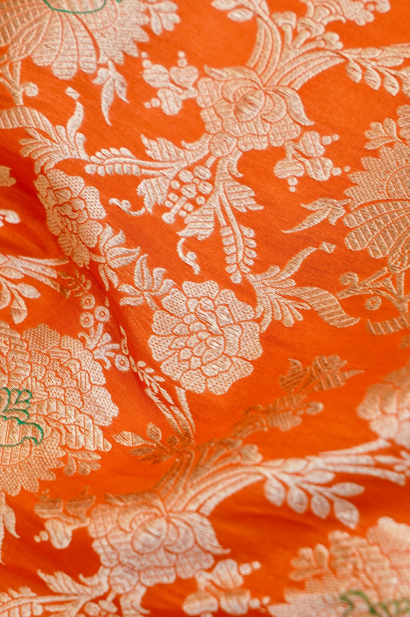 Pure Brocade Banarasi Mehraab Fabric in Orange - Khinkhwab